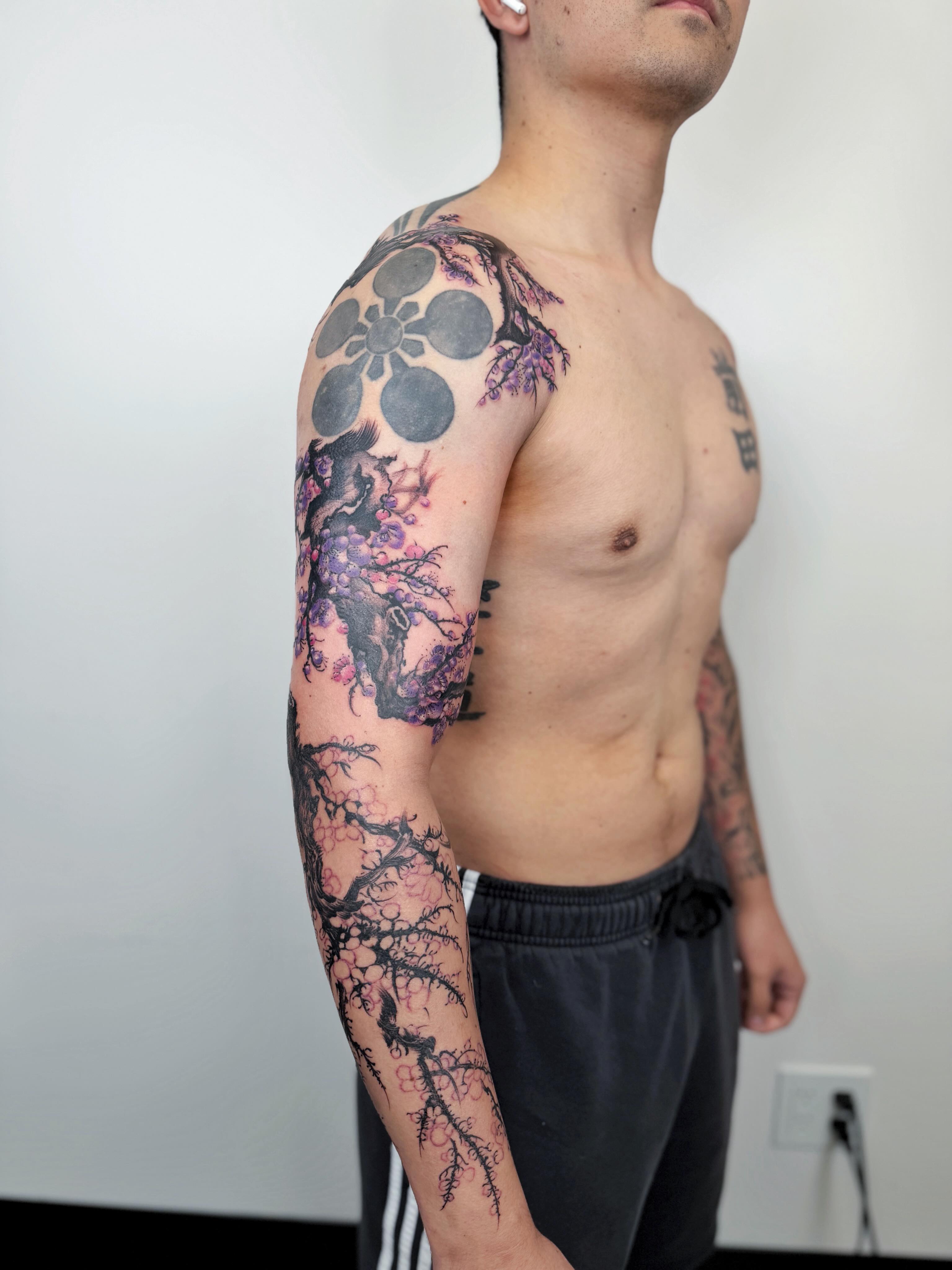 Cherry blossom tree japanese irezumi tattoo on the upper arm by Jiang_Tattooer