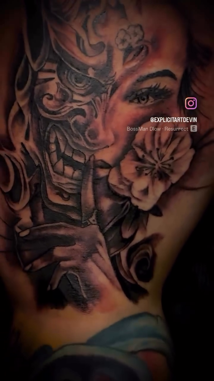 Woman and oni mask dark realism tattoo by Devin Johnson, Forest Park, Georgia