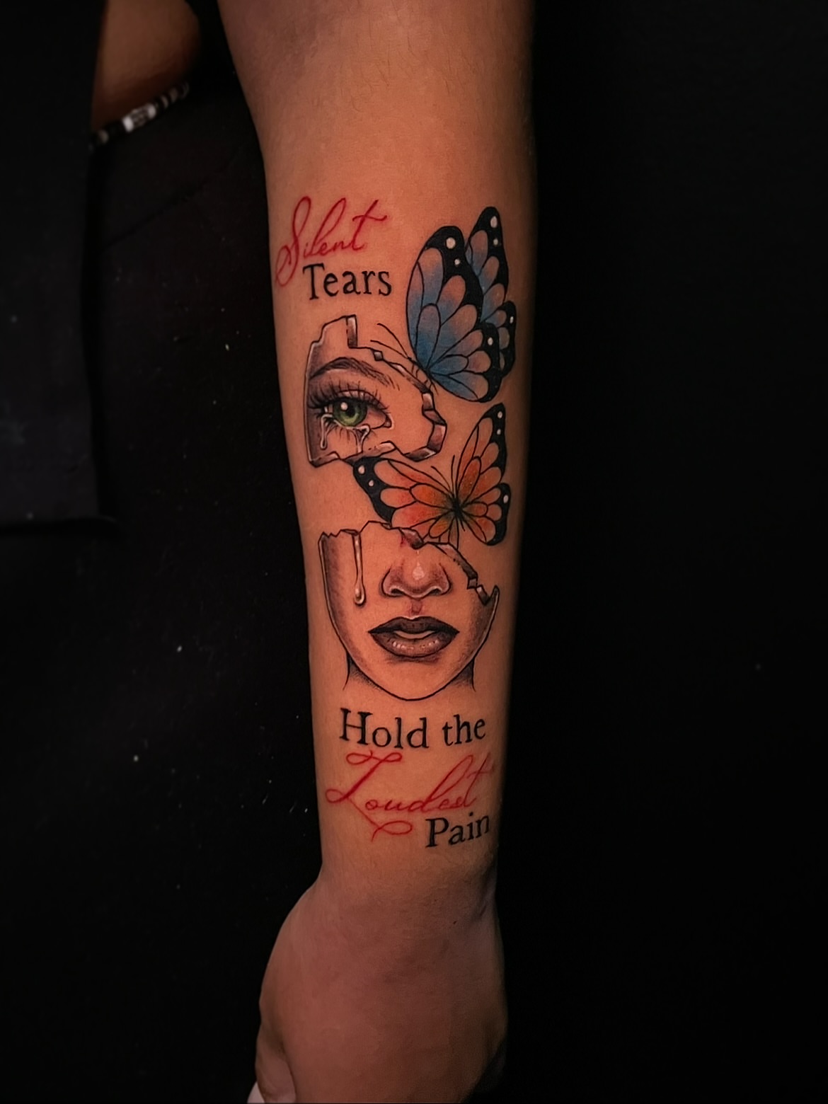 Woman's face with butterflies realism tattoo on the forearm by 𝕲𝖗𝖆𝖈𝖊 🥀 ᴛᴀᴛᴛᴏᴏ