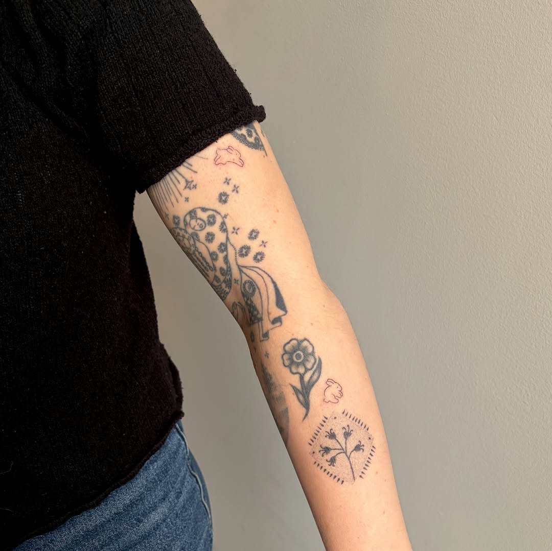 Floral and abstract geometric tattoo on the forearm by alli ミ☆