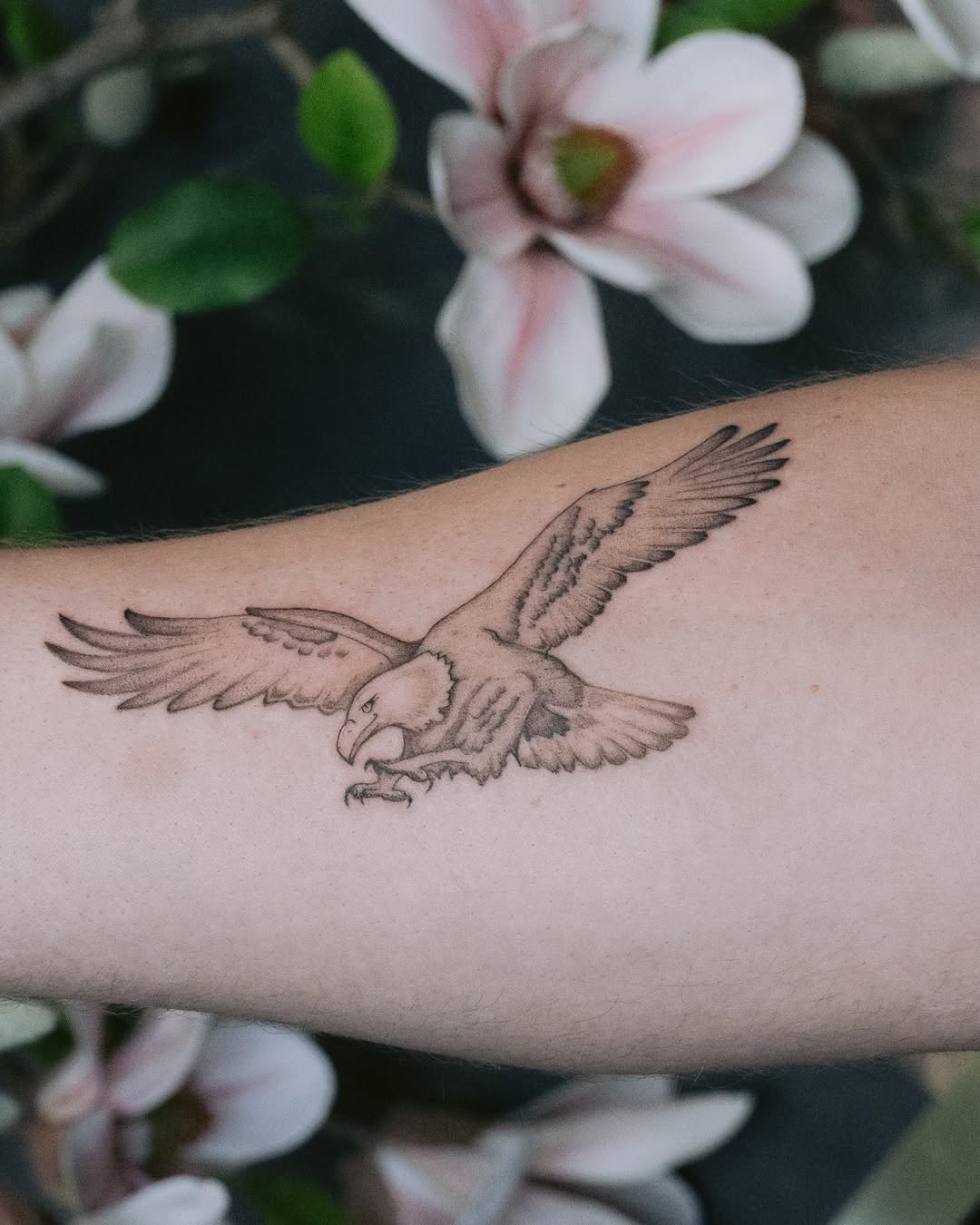 Eagle in flight fine line tattoo on the forearm by Ash - Fineline Tattoo Apprentice
