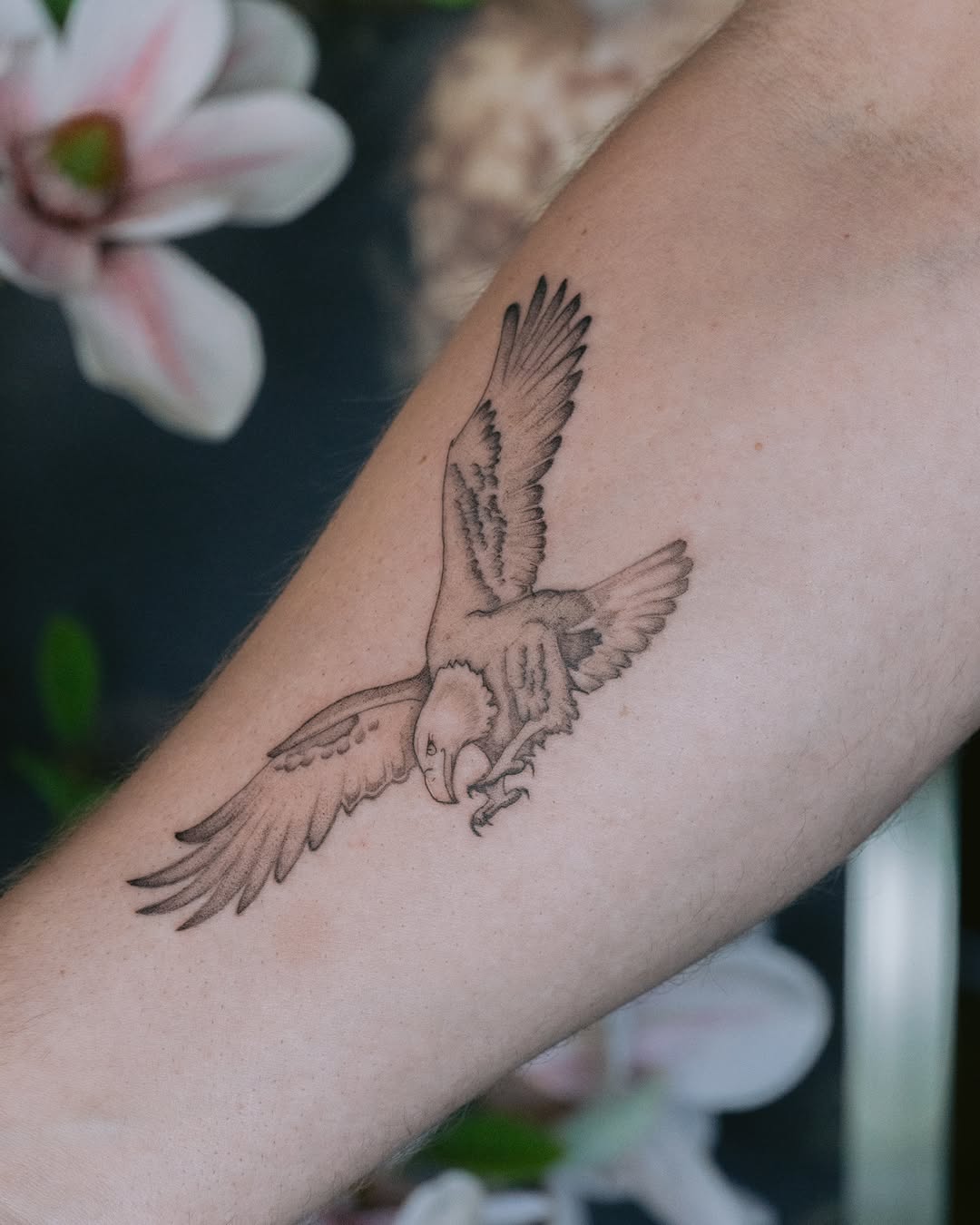 Eagle in flight fine line tattoo on the forearm by Ash - Fineline Tattoo Apprentice
