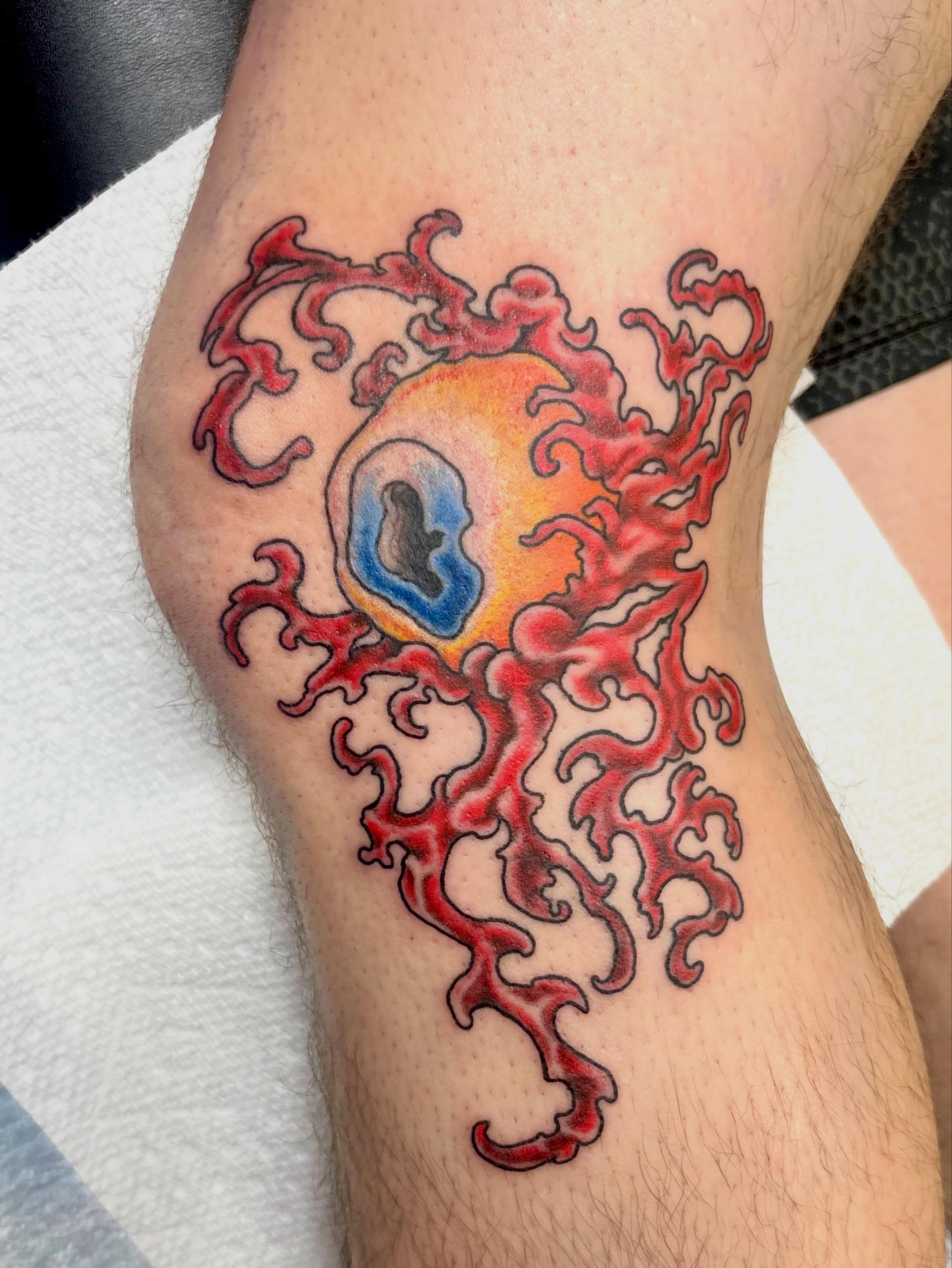 Eye with flame neo-traditional tattoo on the forearm by Gabby, Kansas City, Missouri