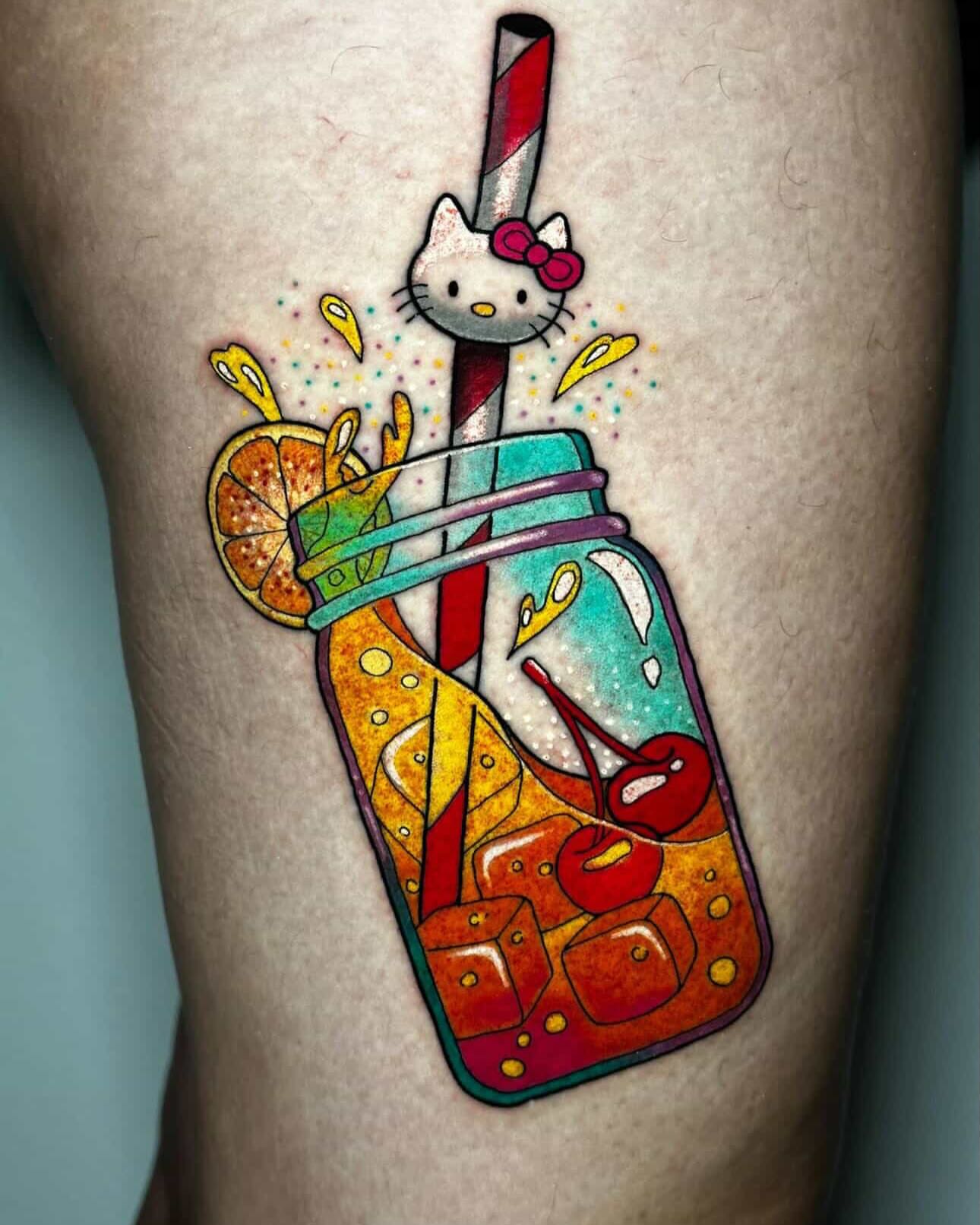 Hello Kitty cocktail new school tattoo on the thigh by Liz McDonald