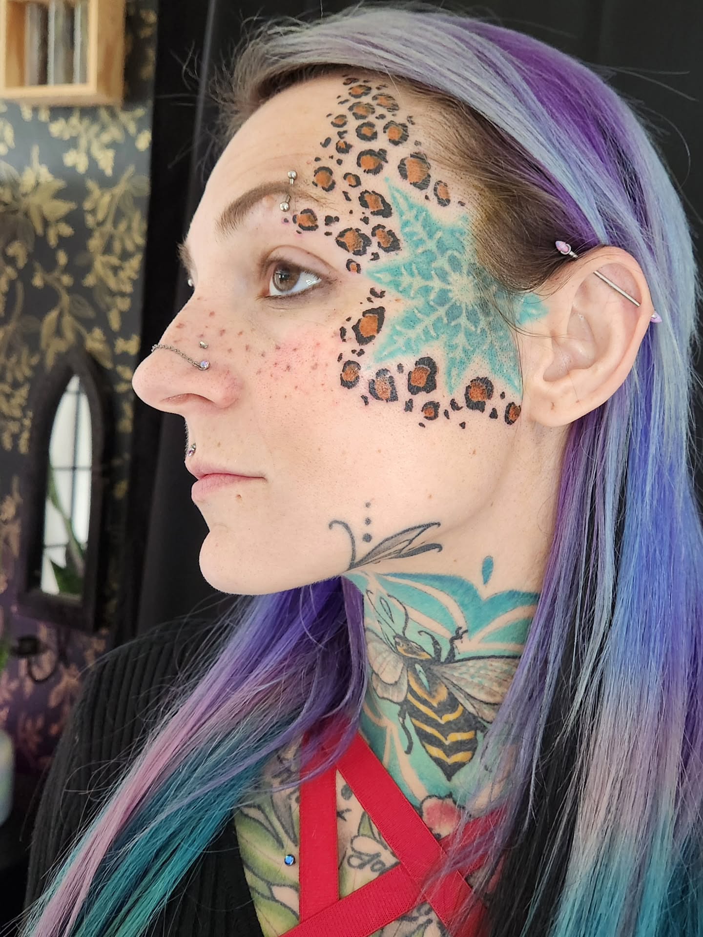 Bees and floral patterns dotwork tattoo on the neck by Randy