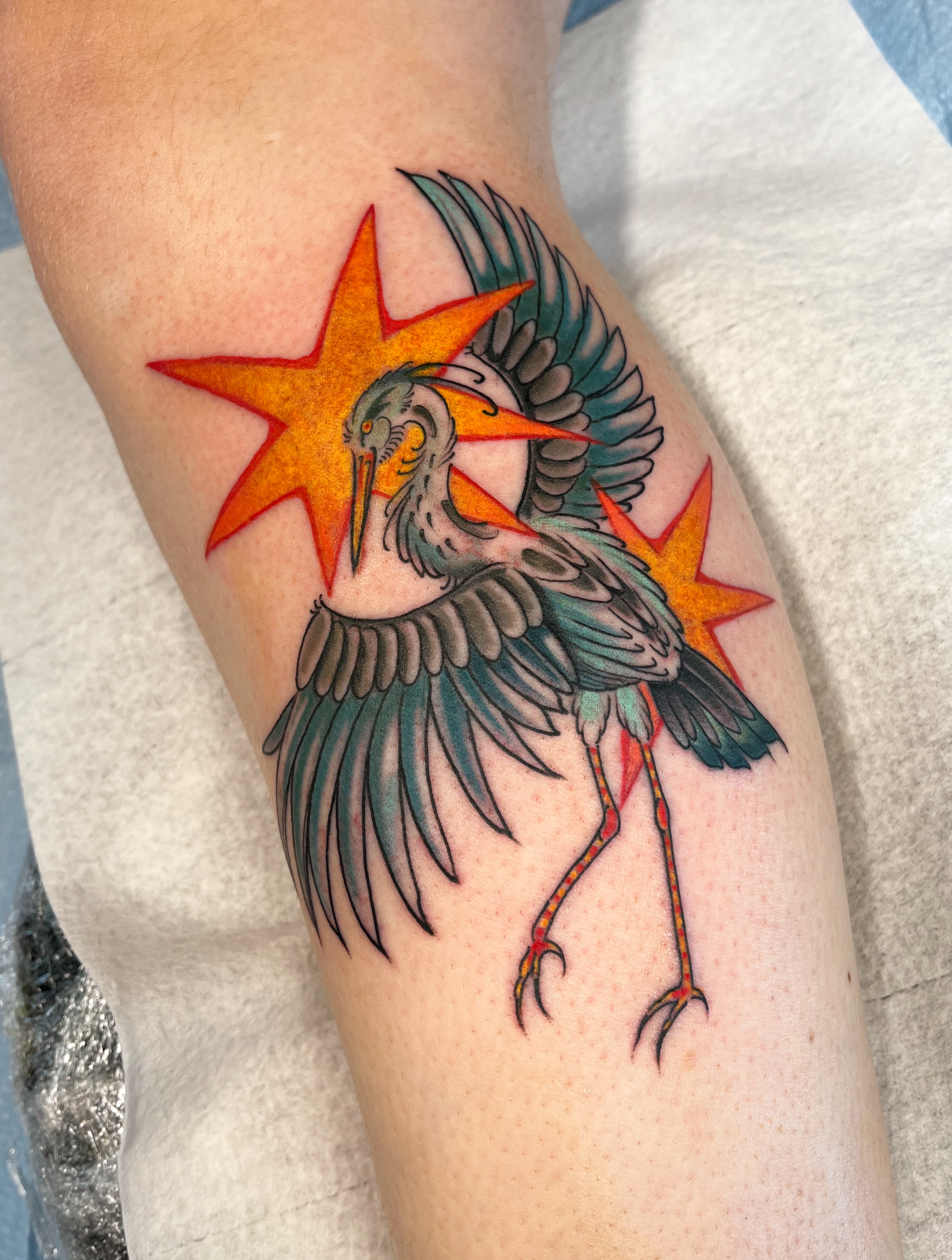 Heron with stars American traditional tattoo on the forearm by Allyson Blessing Tattoos