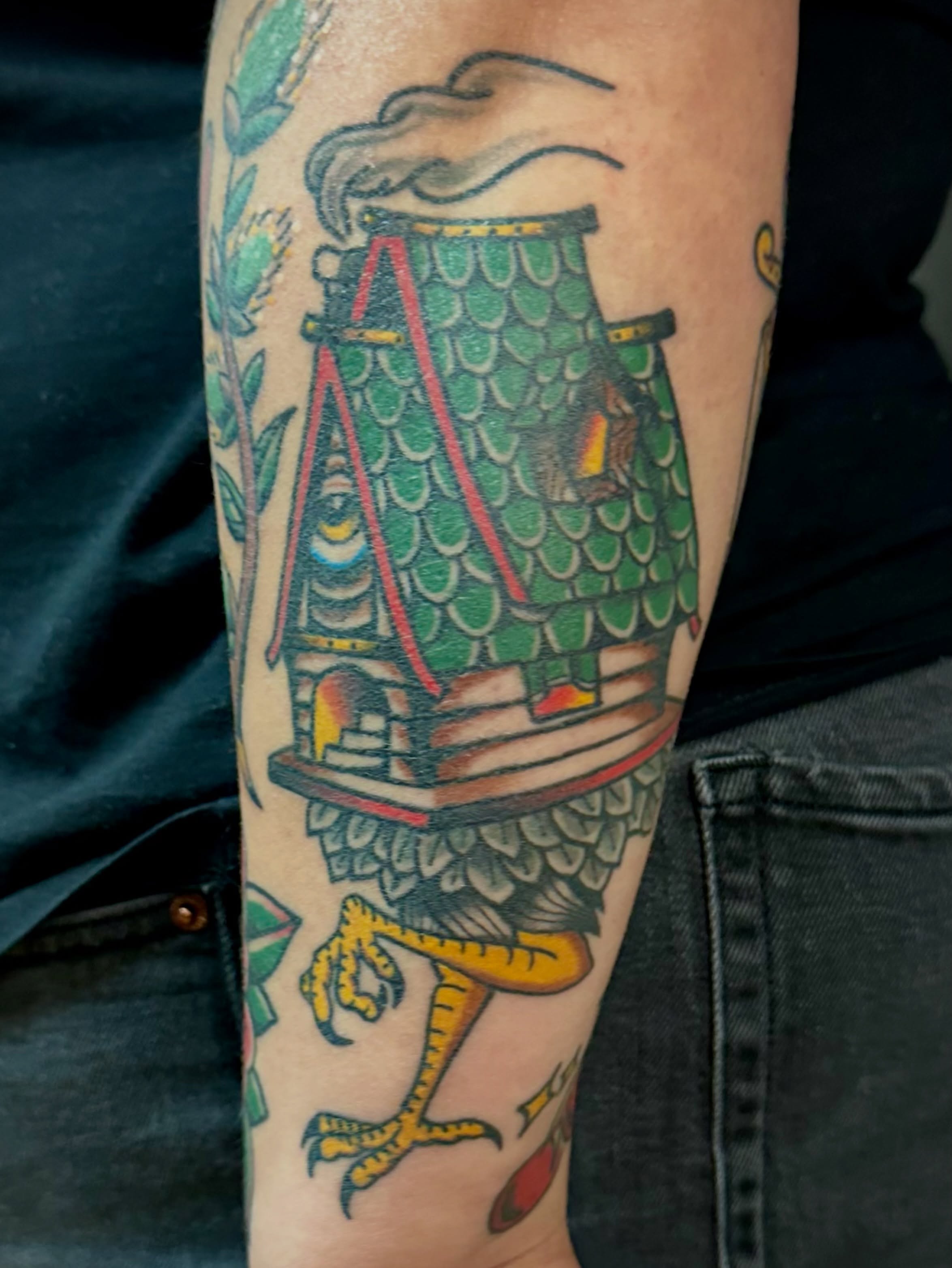Birdhouse American traditional tattoo on the forearm by Josh Robinson