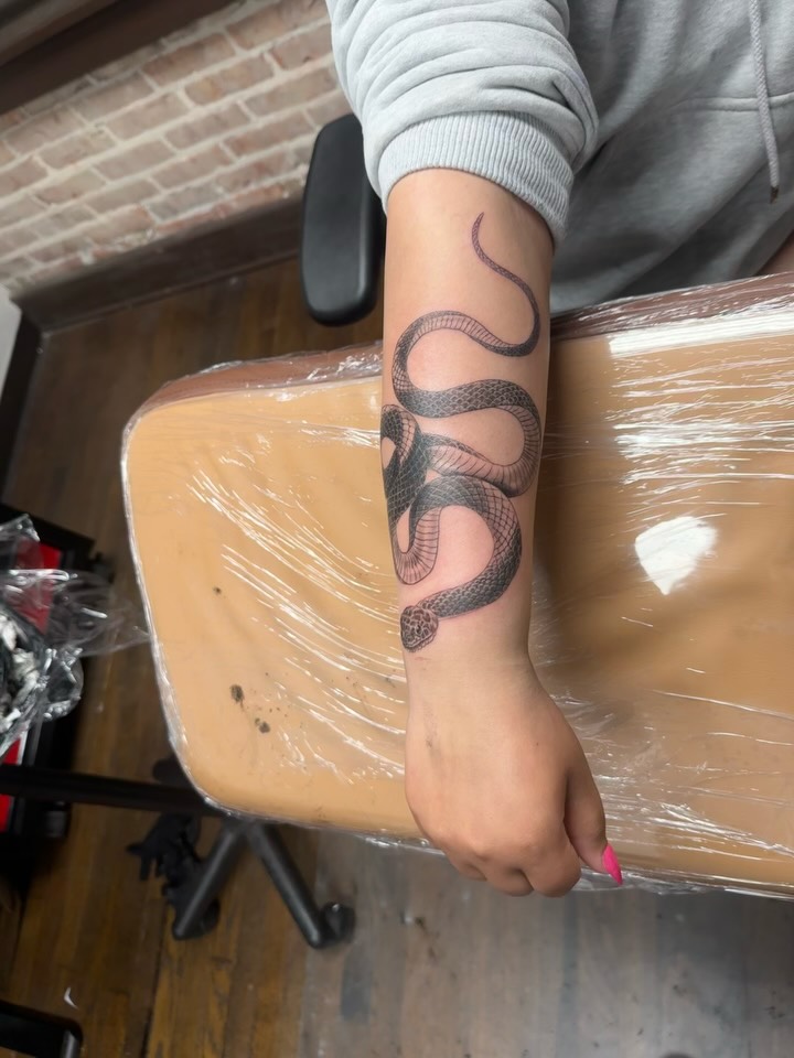 Snake black and grey tattoo on the forearm by Willi Tattoos👹