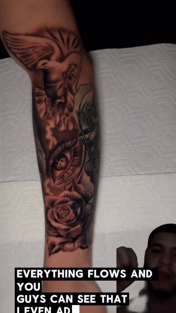 Dove, eye, and rose realism tattoo by Kevyn Vidal