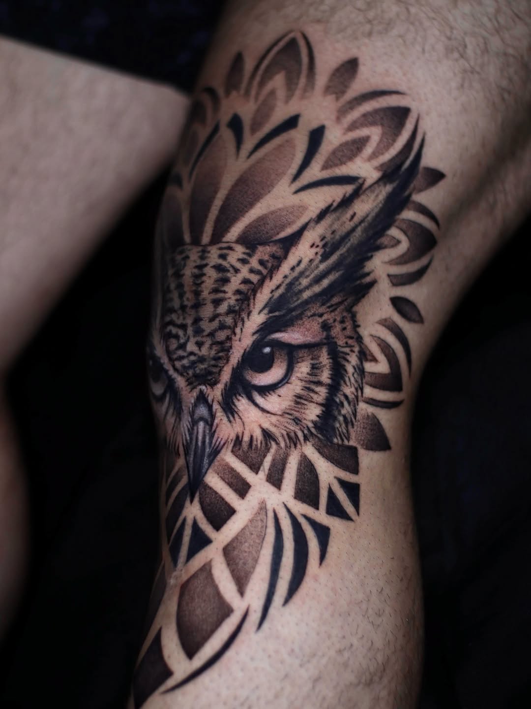 Owl head with geometric pattern ornamental tattoo on the forearm by 𝐒𝐡𝐞𝐫𝐥𝐥𝐲