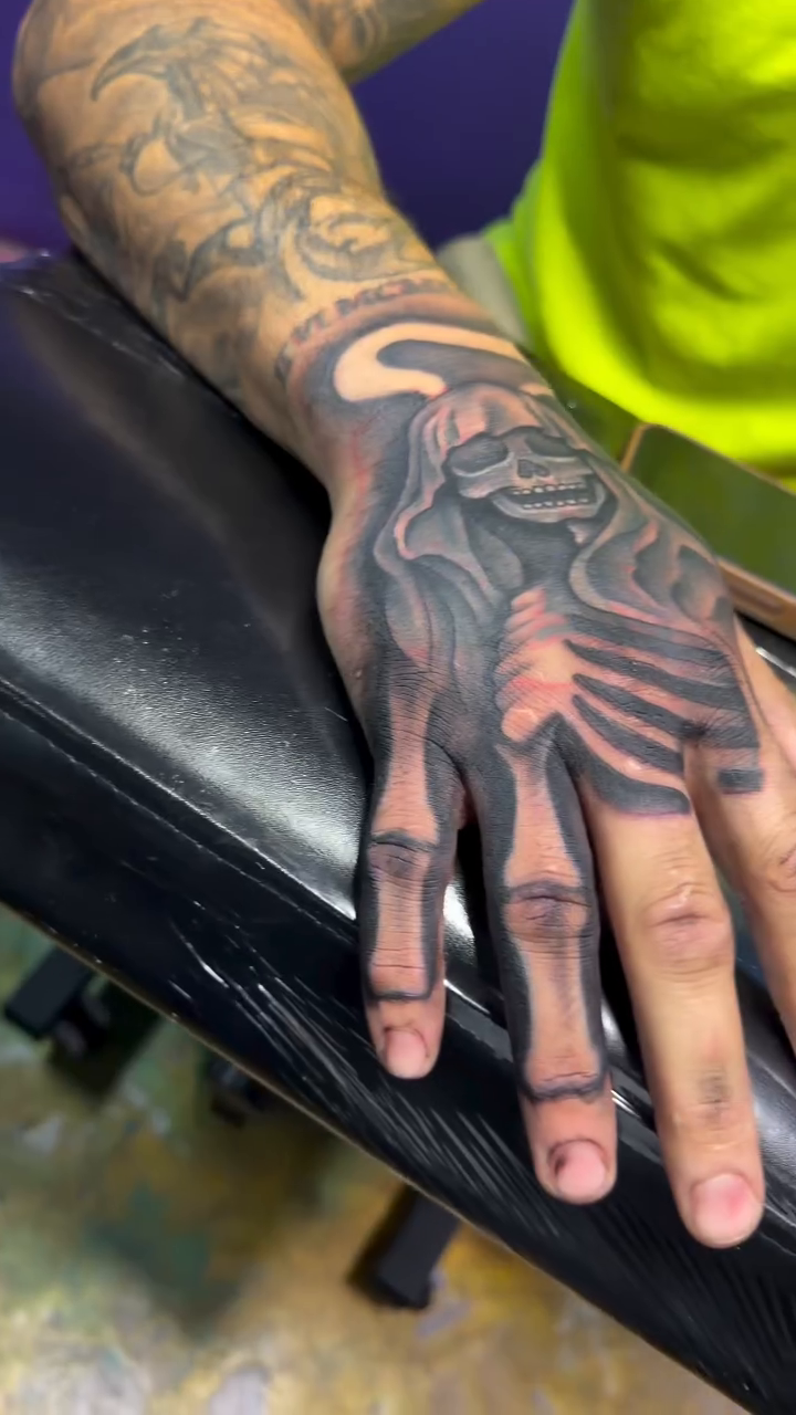 Skeleton hand realism tattoo on the hand by Teddi James, Renton, Washington