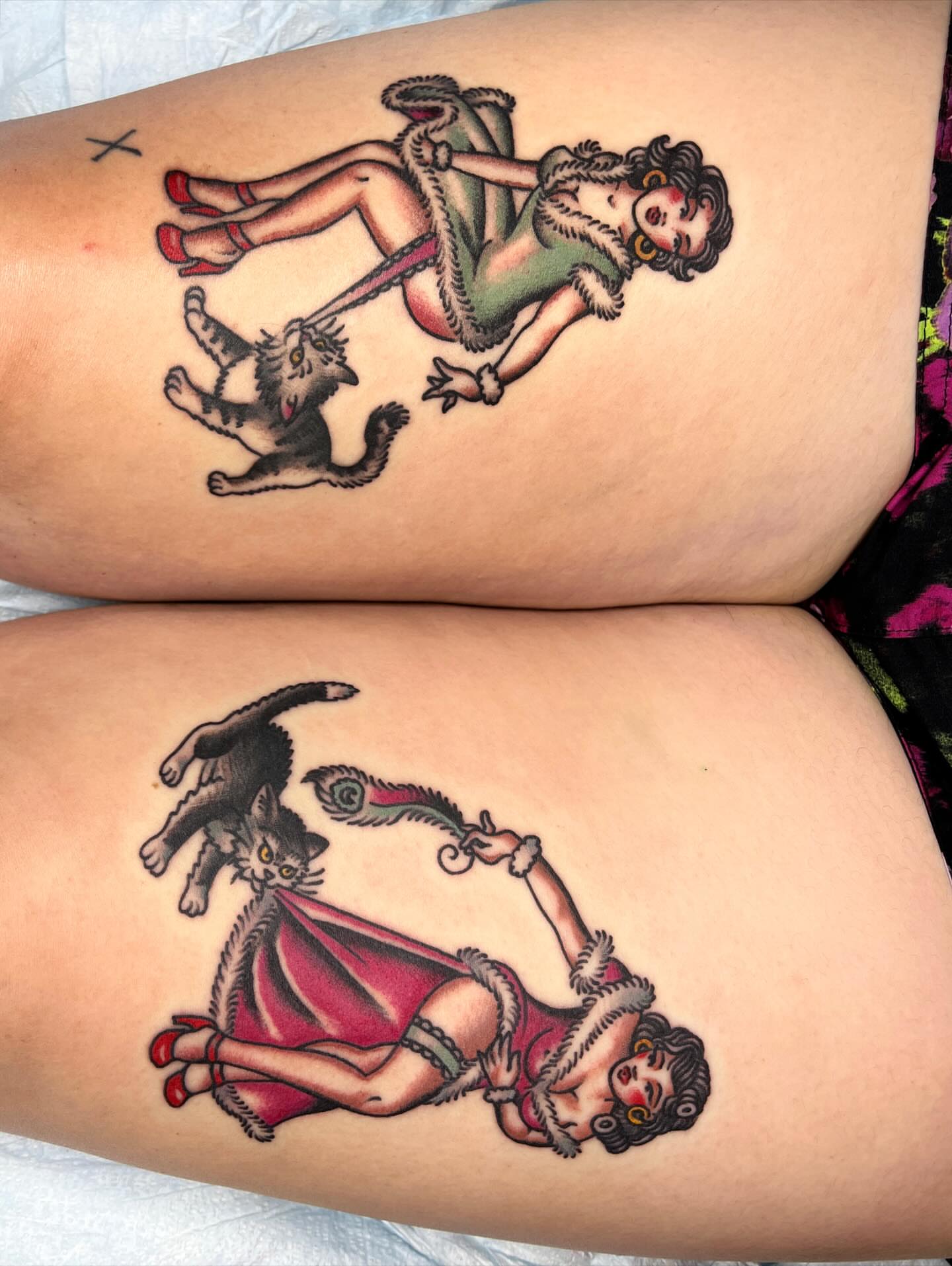 Woman with cat American traditional tattoo on the thigh by Leo 🌞 Pdx Tattoo