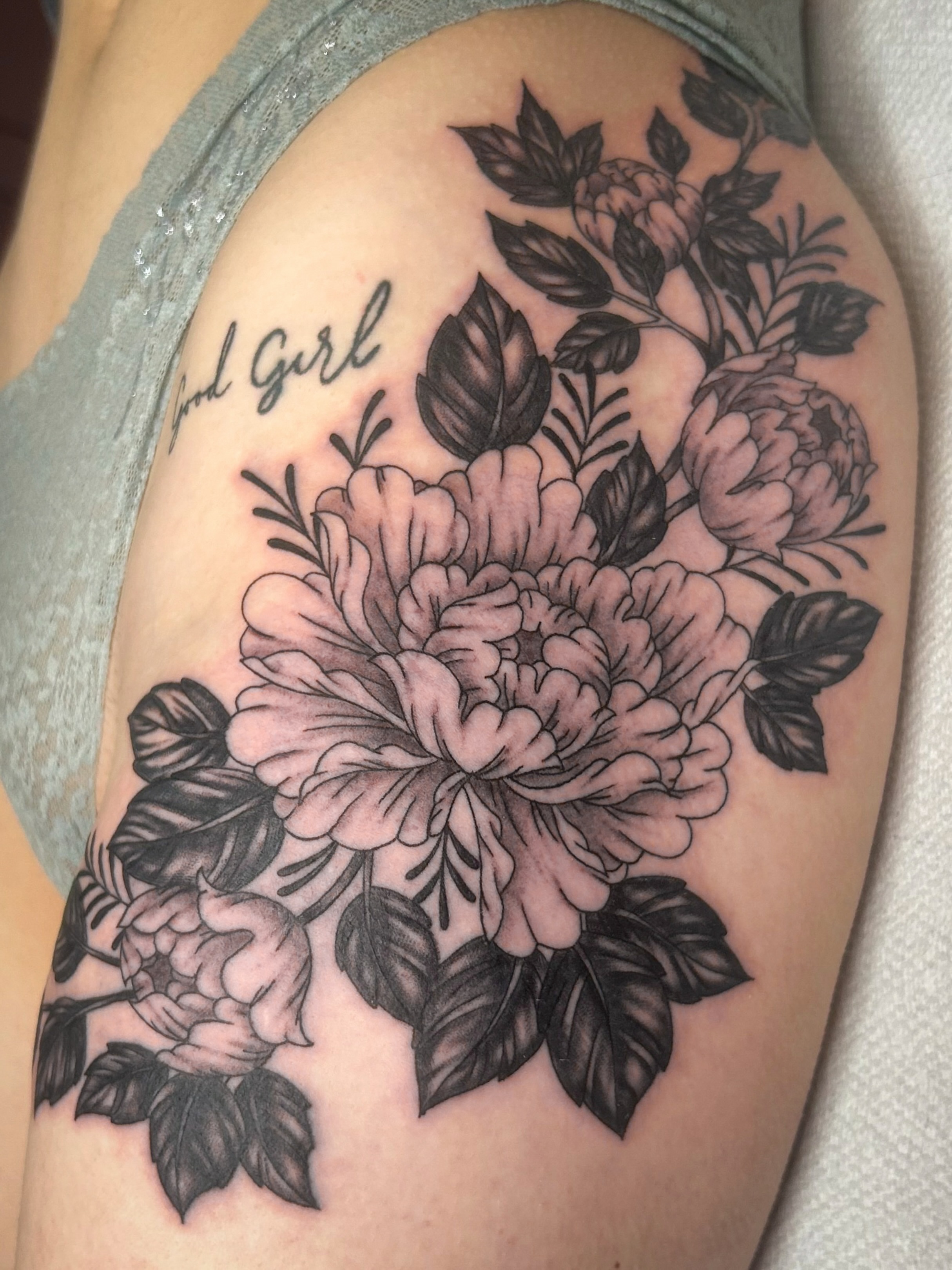 Peony bouquet black and grey tattoo on the shoulder by Jessica Oram Brockman, Dayton, Ohio