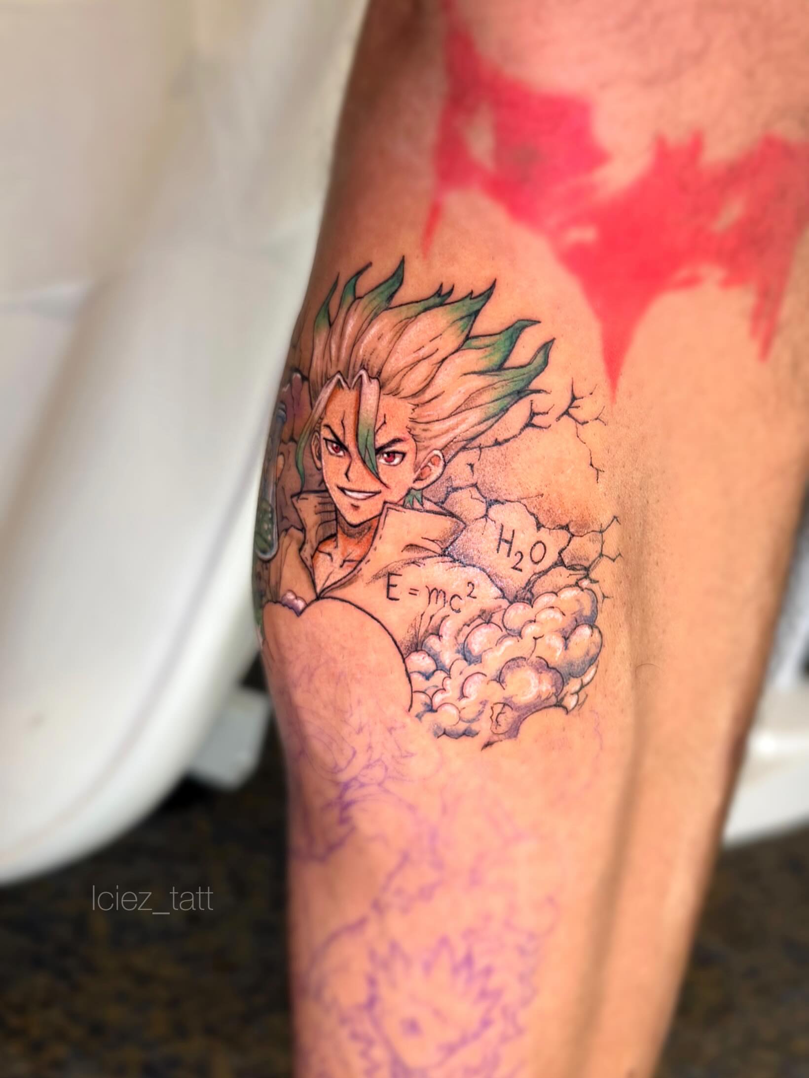 Super saiyan anime tattoo on the thigh by Iciez