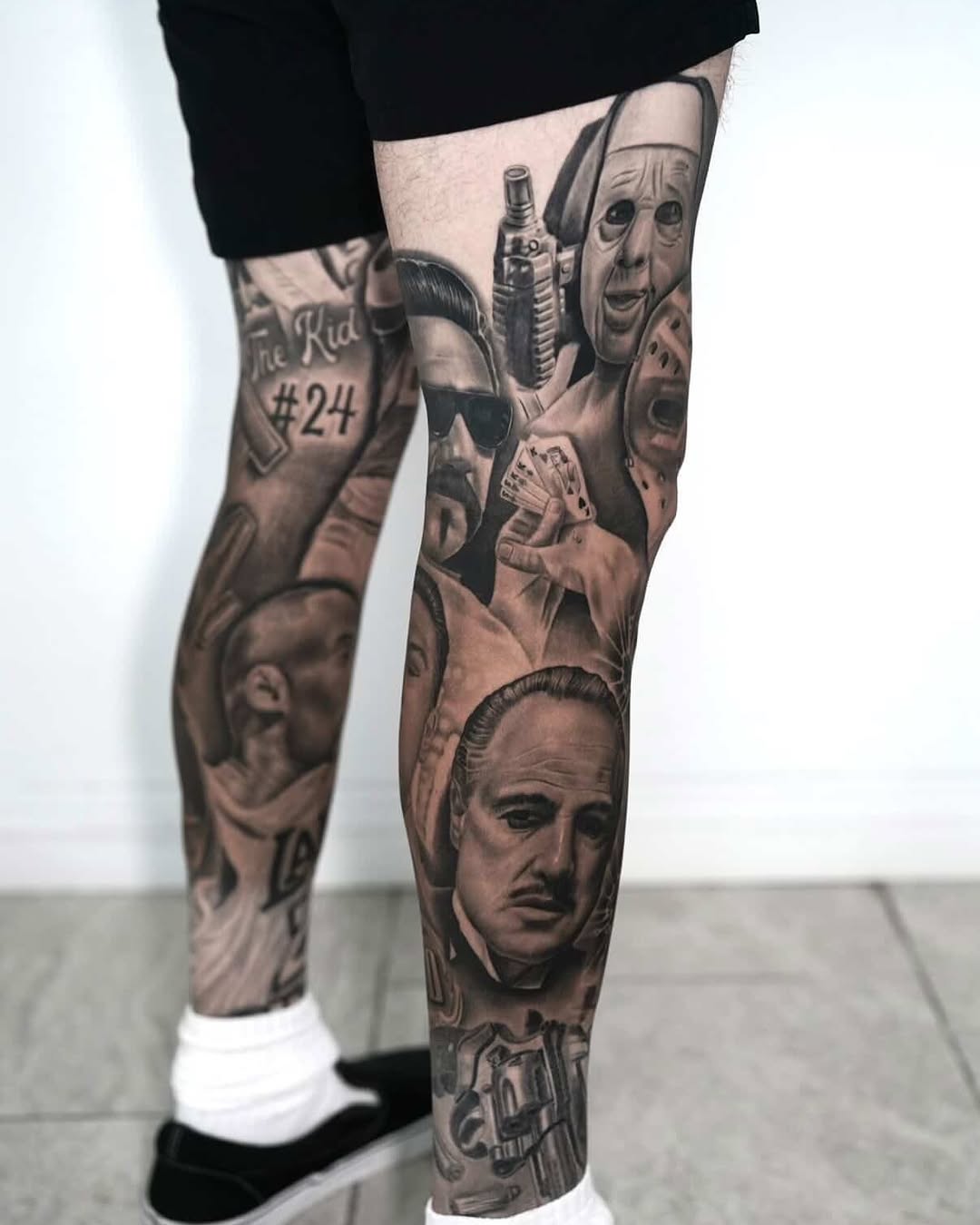 Movie characters and objects realism tattoo on the leg by Luis Peña