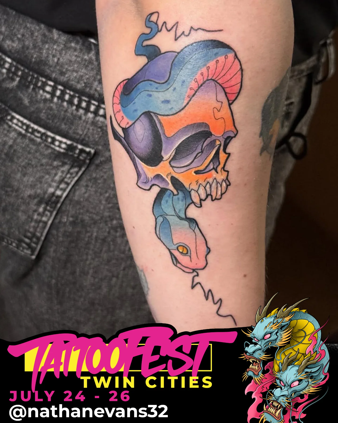 Skull with snake new school tattoo on the forearm by Nathan Evans