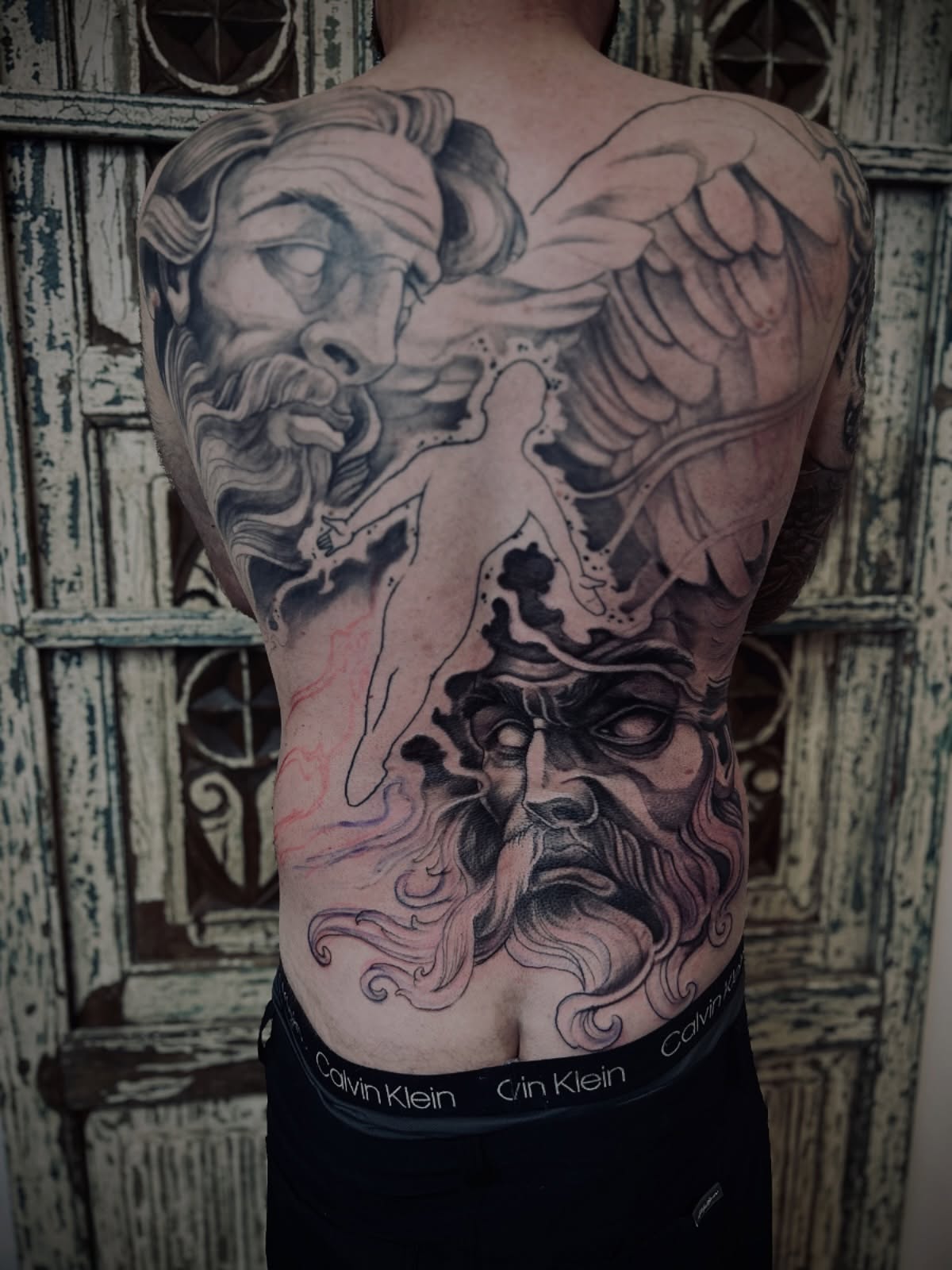 Mythological figures realism tattoo on the back by Ryan Willard, Denver, Colorado