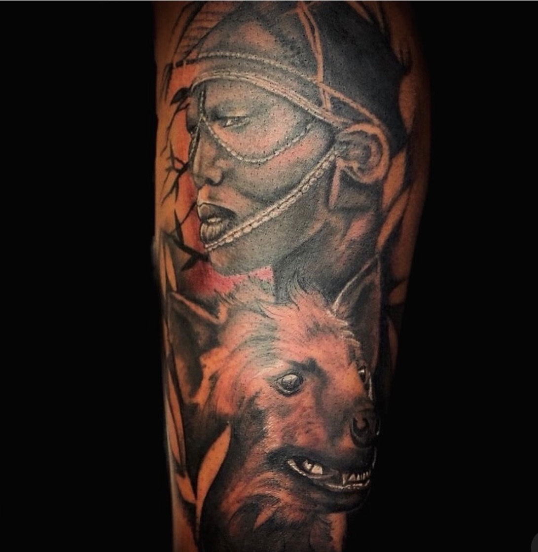 Warrior and boar realism tattoo on the forearm by Devin Johnson, Forest Park, Georgia