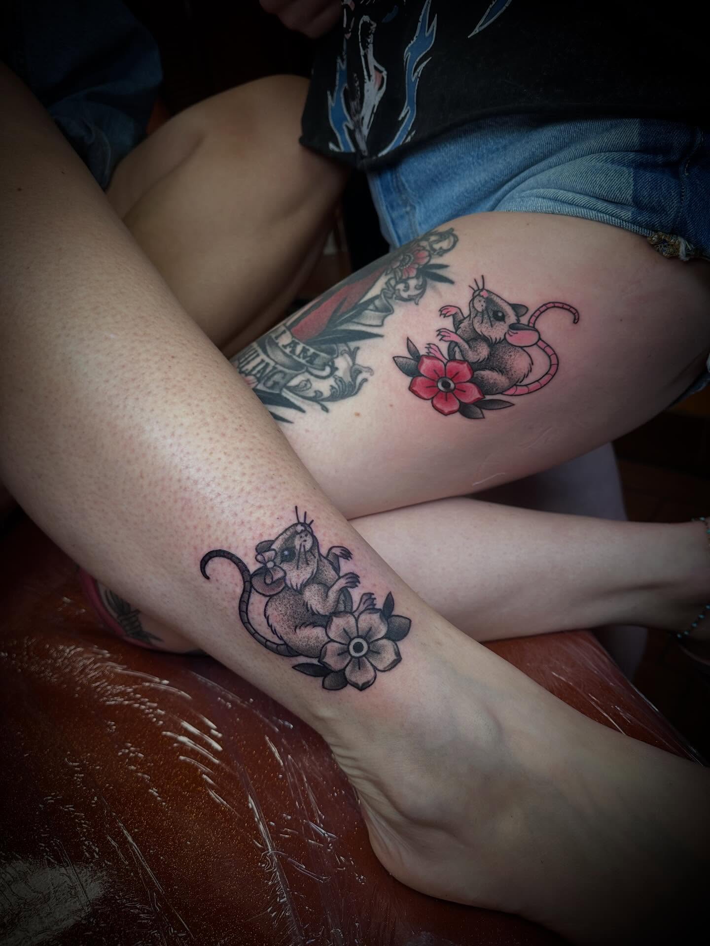 Mice and flowers American traditional tattoo on the thigh by Kelsea Weir McCree