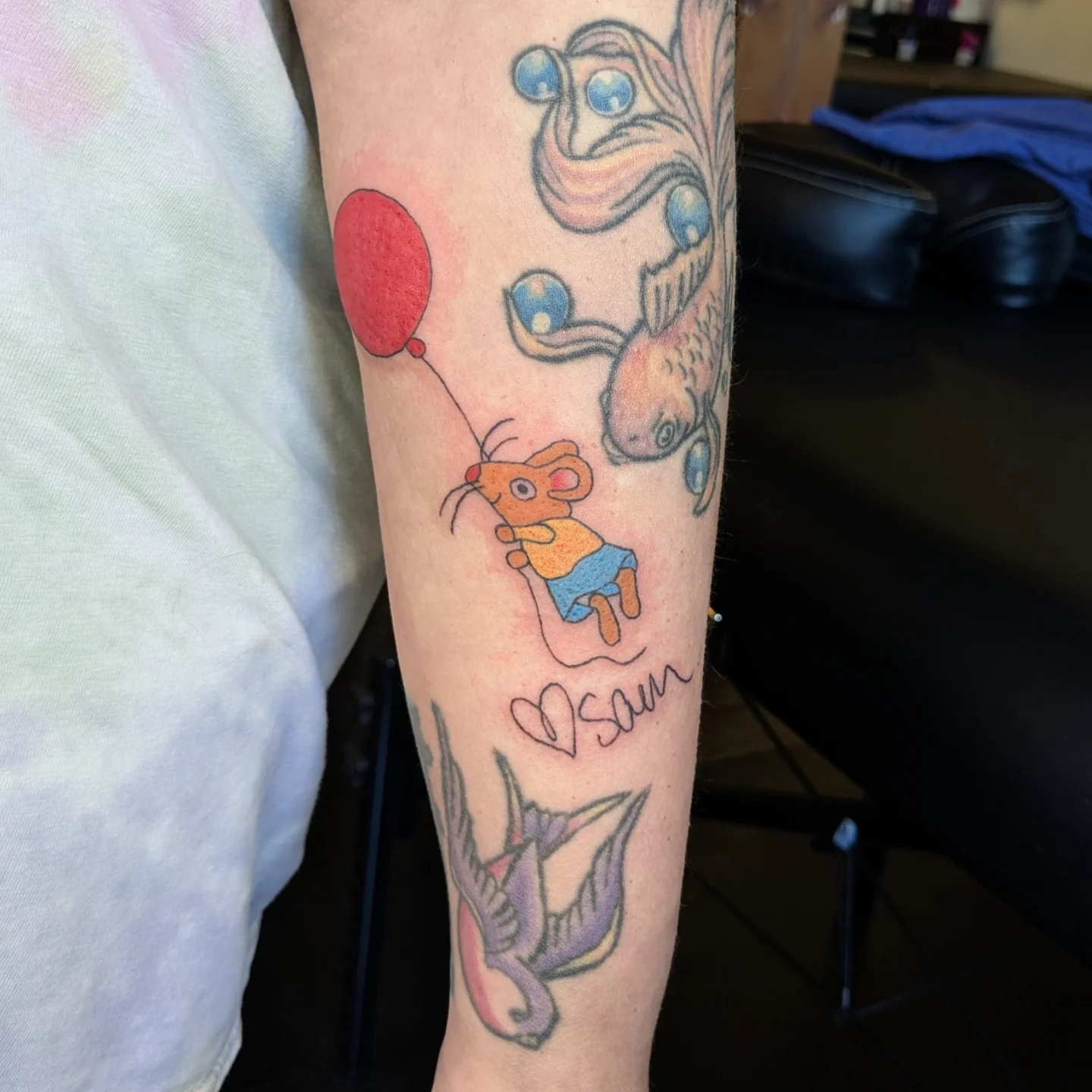Mouse with balloon new school tattoo on the forearm by Madison Cañedo ✺ Portland tattoo