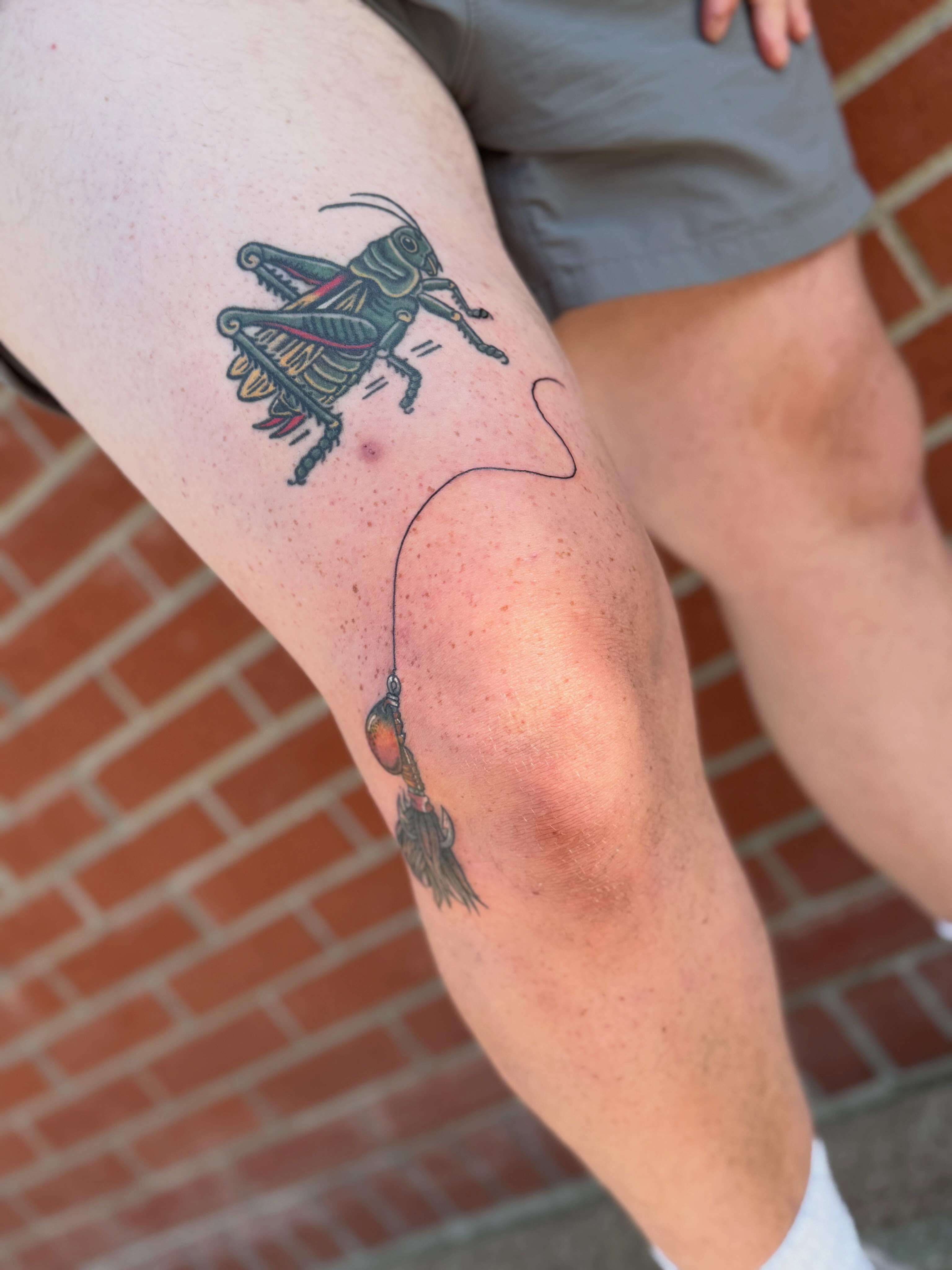 Grasshopper American traditional tattoo on the thigh by Aly Rucker, Murfreesboro, Tennessee