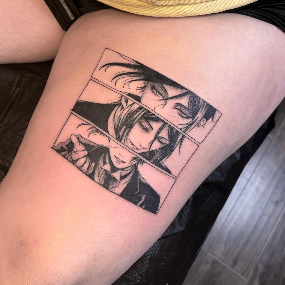 Anime character anime tattoo on the thigh by Mary Hannah Sosdian