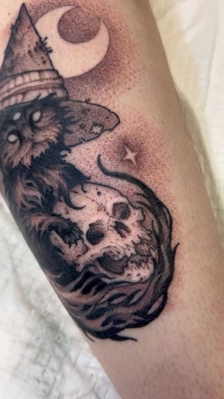 Witch cat with skull dark art tattoo on the forearm by Griffin Benson