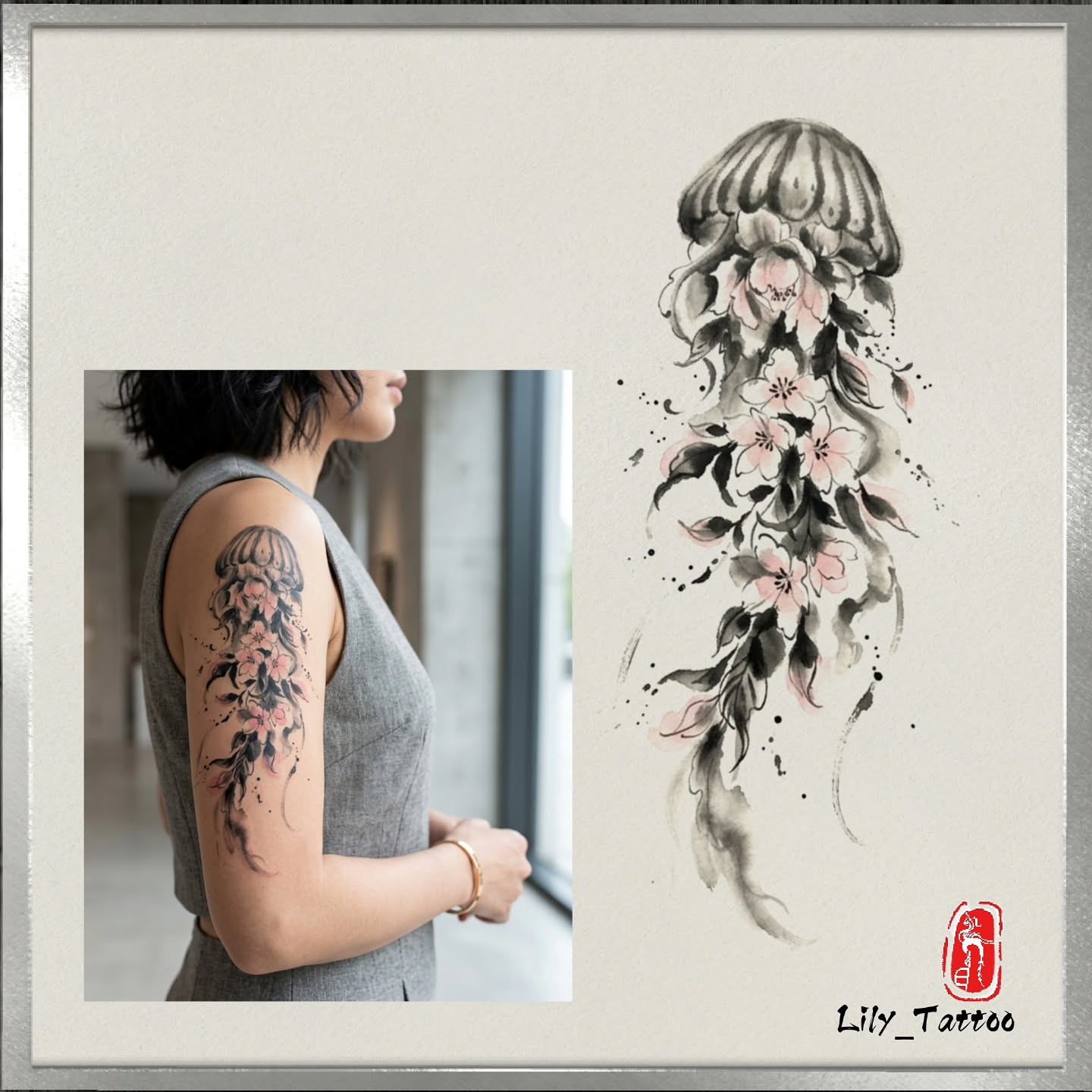 Jellyfish and flowers dotwork tattoo on the upper arm by Lili Gu