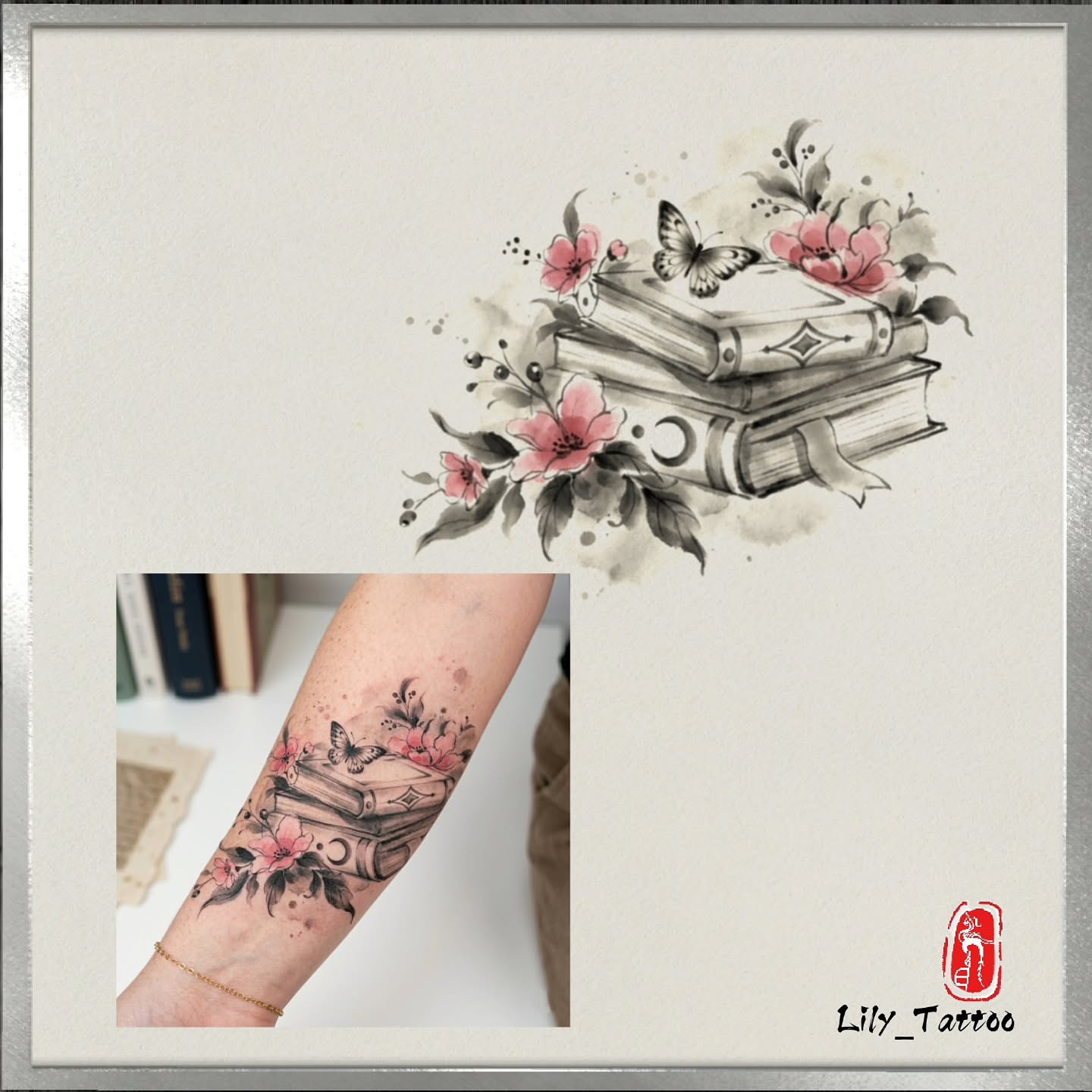 Books and flowers watercolor tattoo on the forearm by Lili Gu