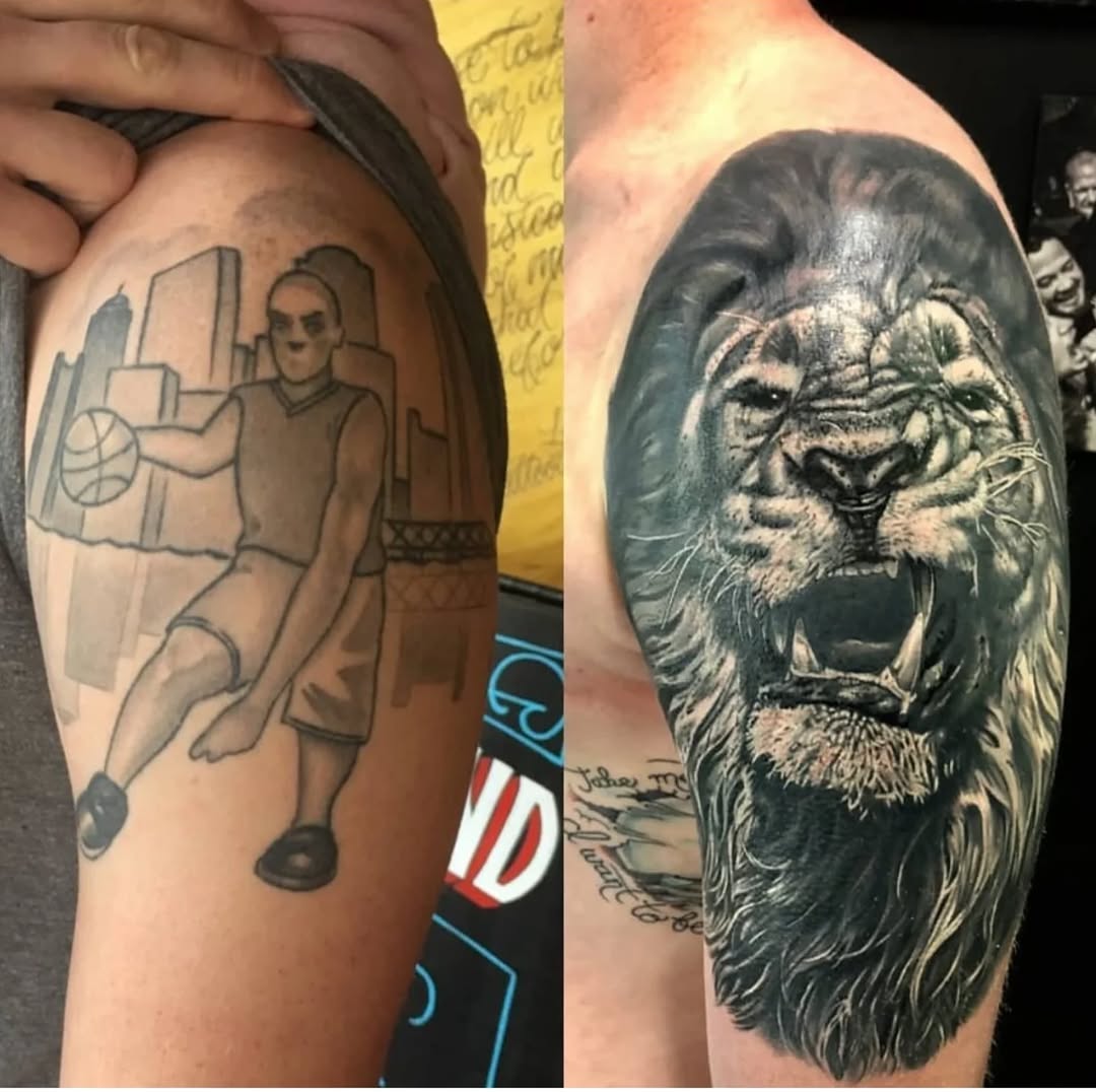Lion portrait realism tattoo on the upper arm by Levi Cox, Powell, Ohio