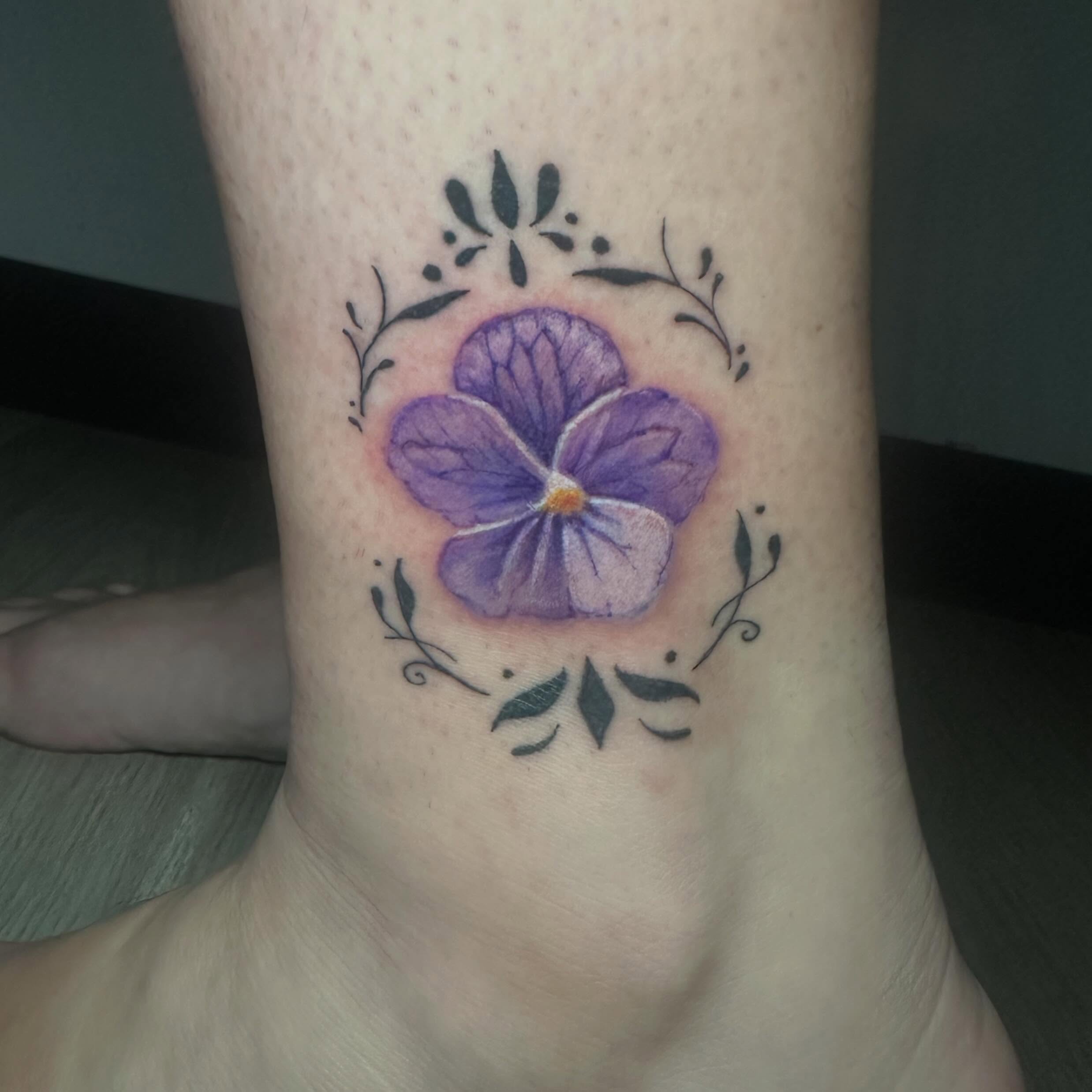 Purple pansy watercolor tattoo by Sam, Mount Laurel, New Jersey