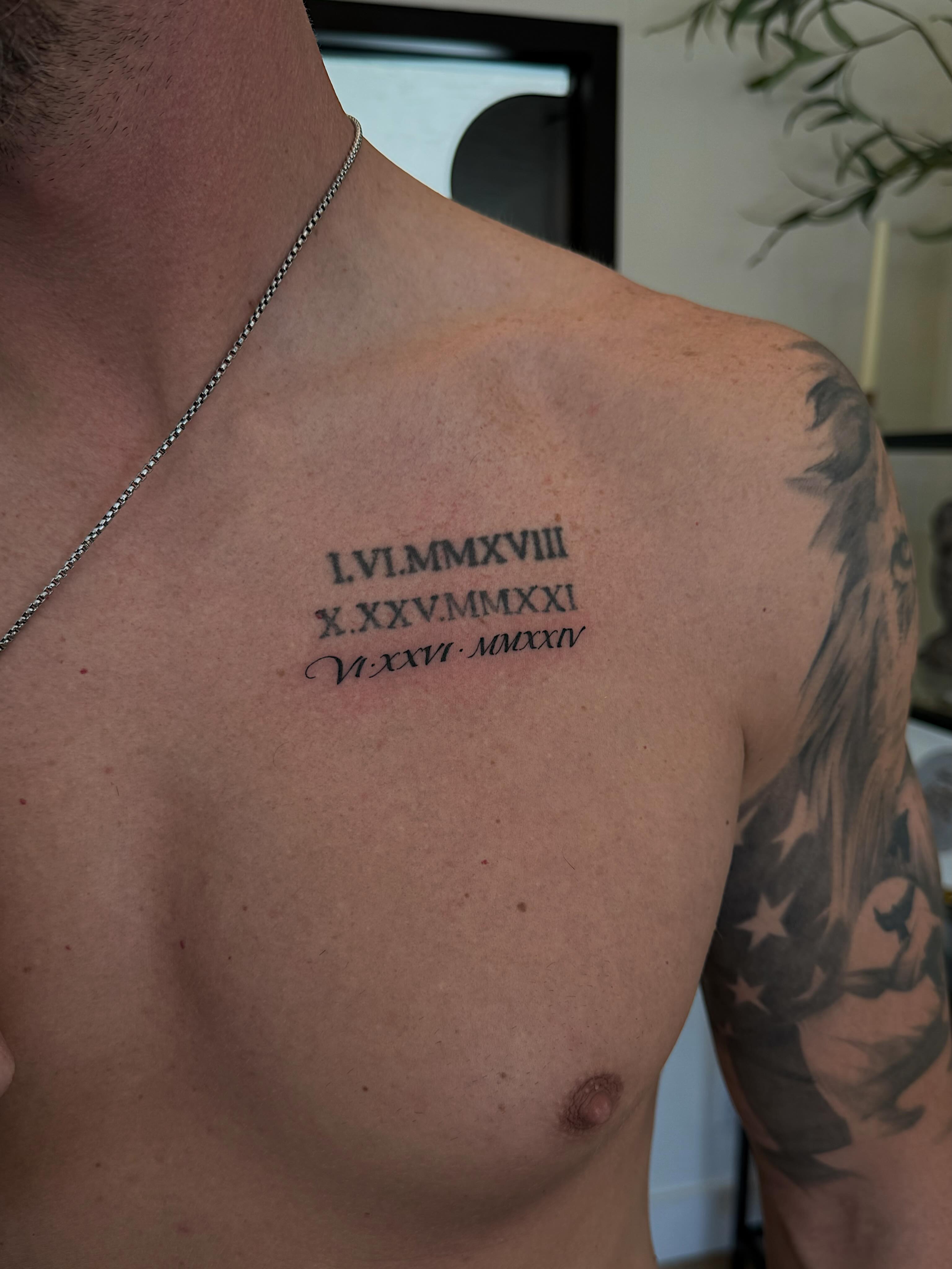 Roman numerals black and grey tattoo on the chest by Shelby Lynn Bayles, Ogden, Utah