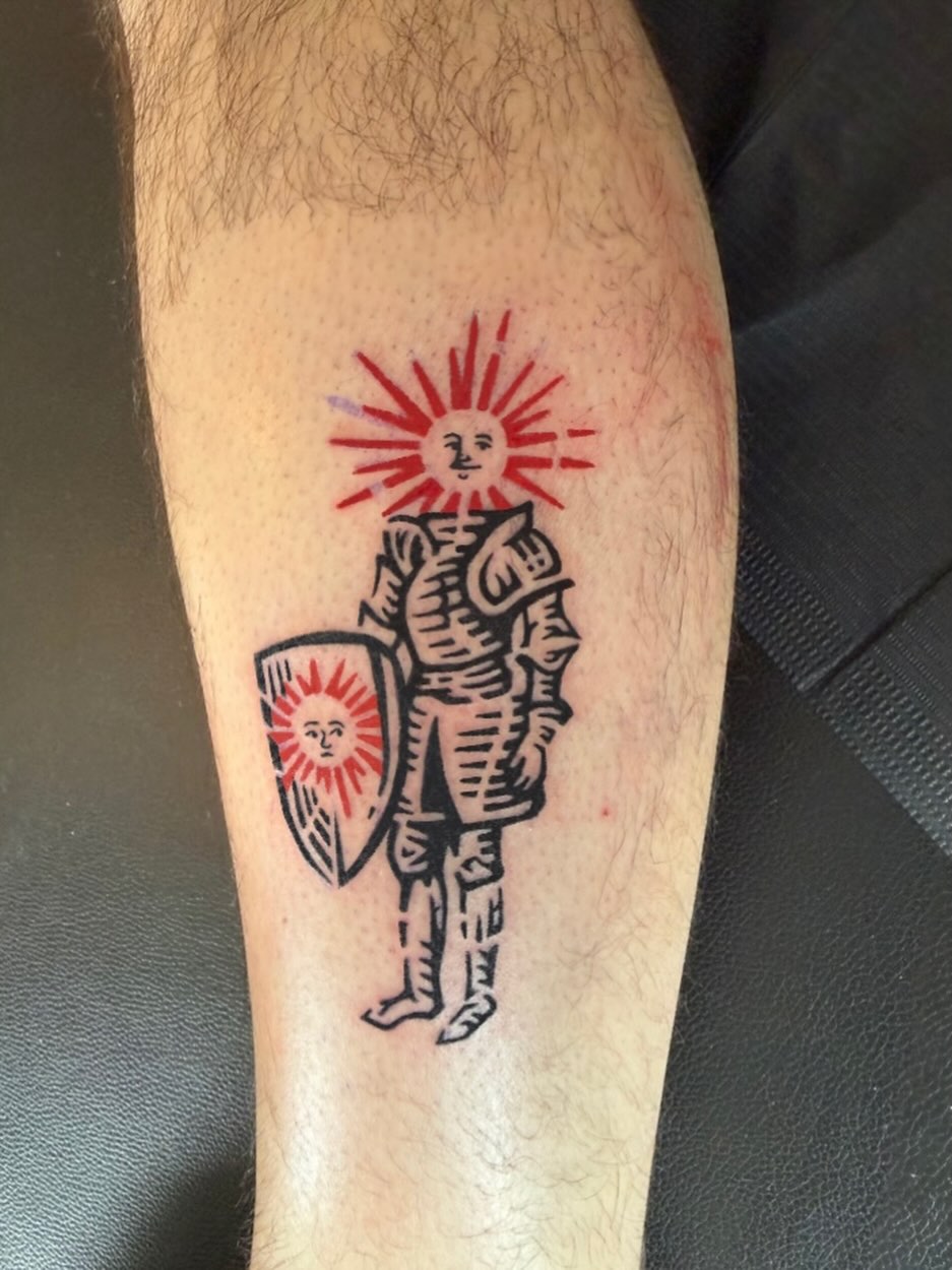 Soldier with shield American traditional tattoo on the forearm by M