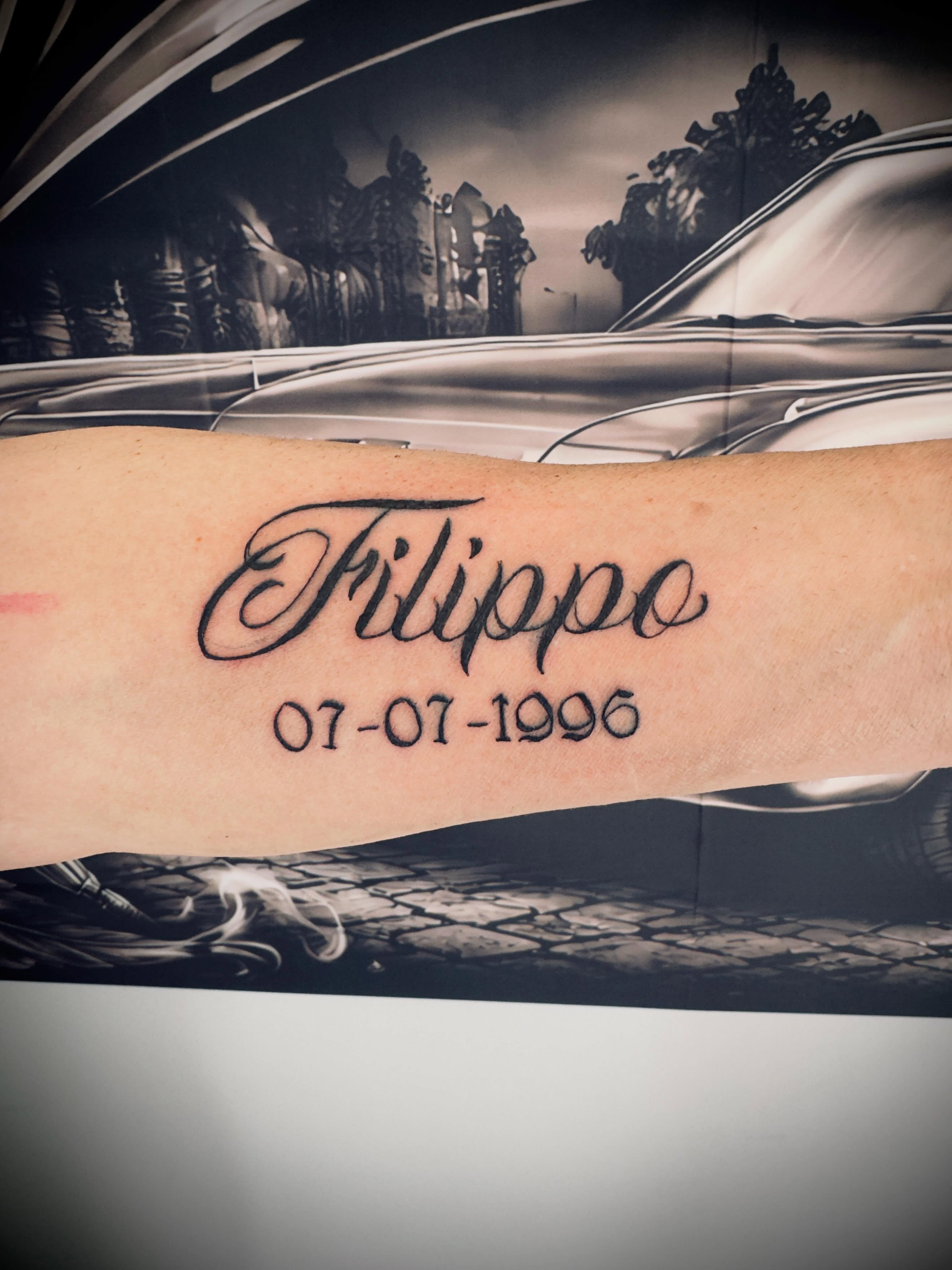 Filippo lettering script tattoo on the forearm by Salvador Mendoza, Sesto San Giovanni
