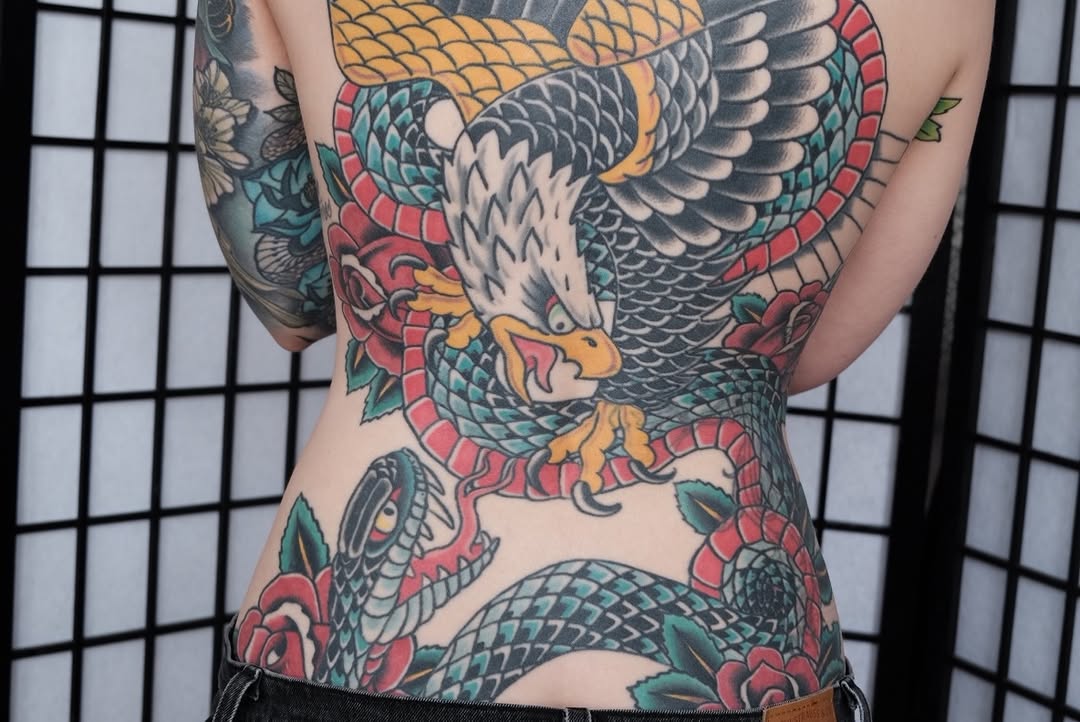 Tattoo by @oldzakwill — japanese_irezumi, american_traditional