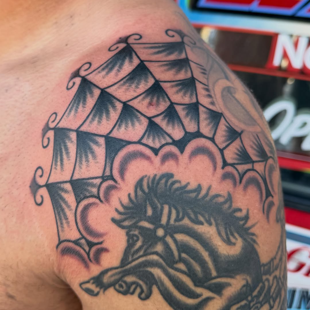 Ship and storm American traditional tattoo on the shoulder by Max mogstad