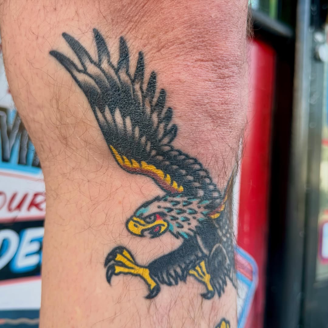 Hawk American traditional tattoo on the forearm by Max mogstad