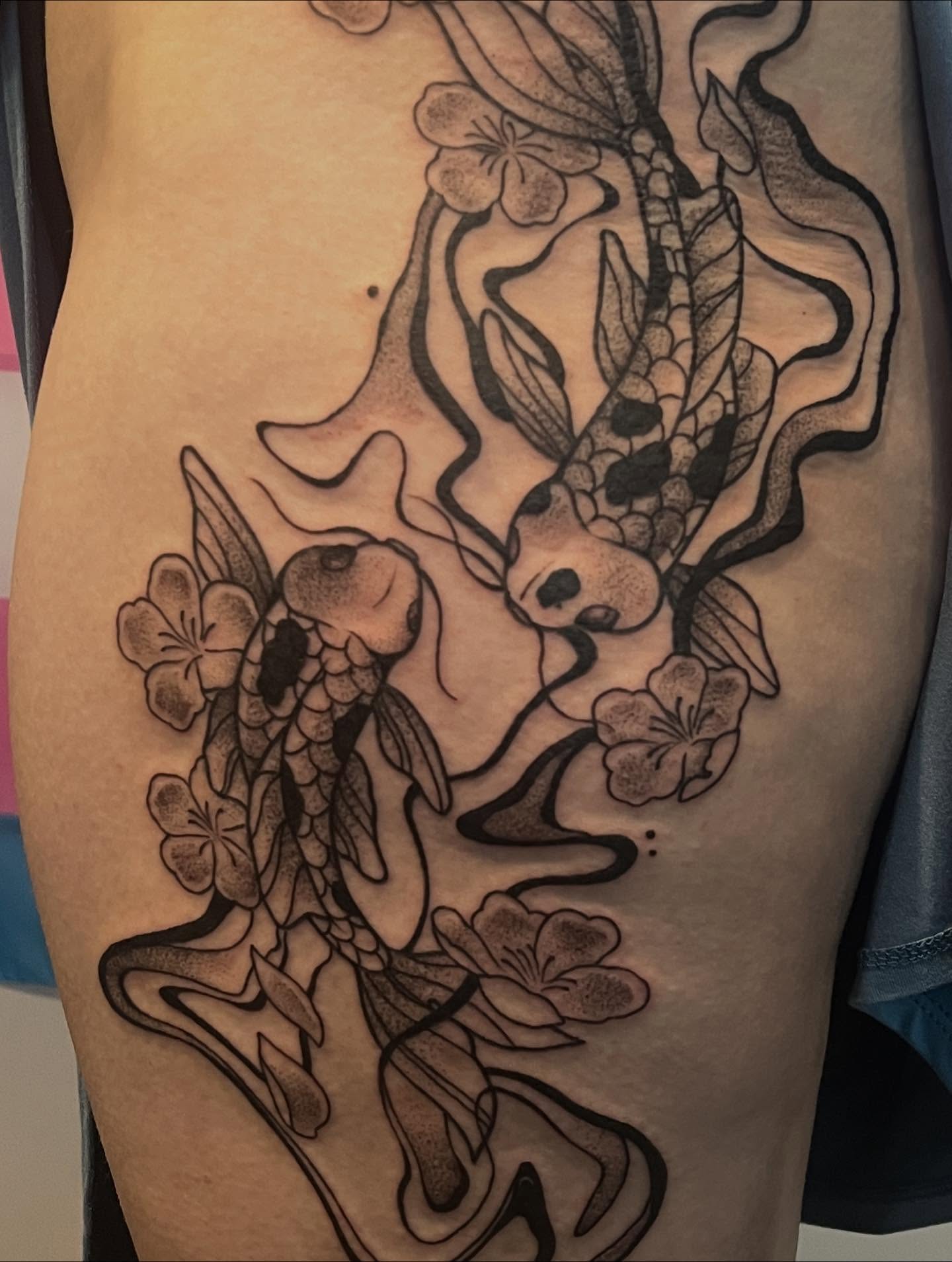 Koi fish and flowers black and grey tattoo on the thigh by 🖤Jess Pereira🖤, Framingham, Massachusetts