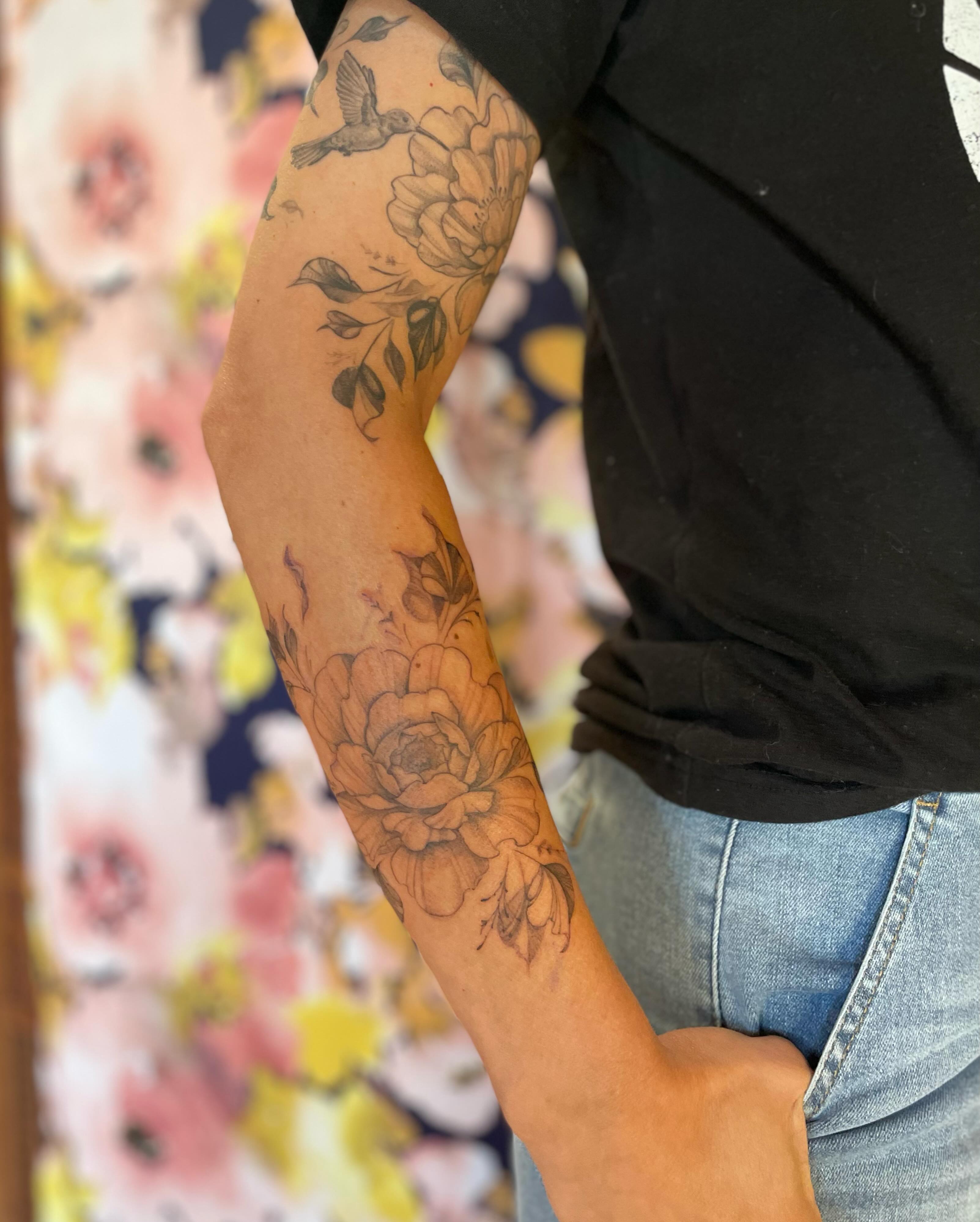 Floral bouquet black and grey tattoo on the forearm by paige  l  ink shrink tattoo