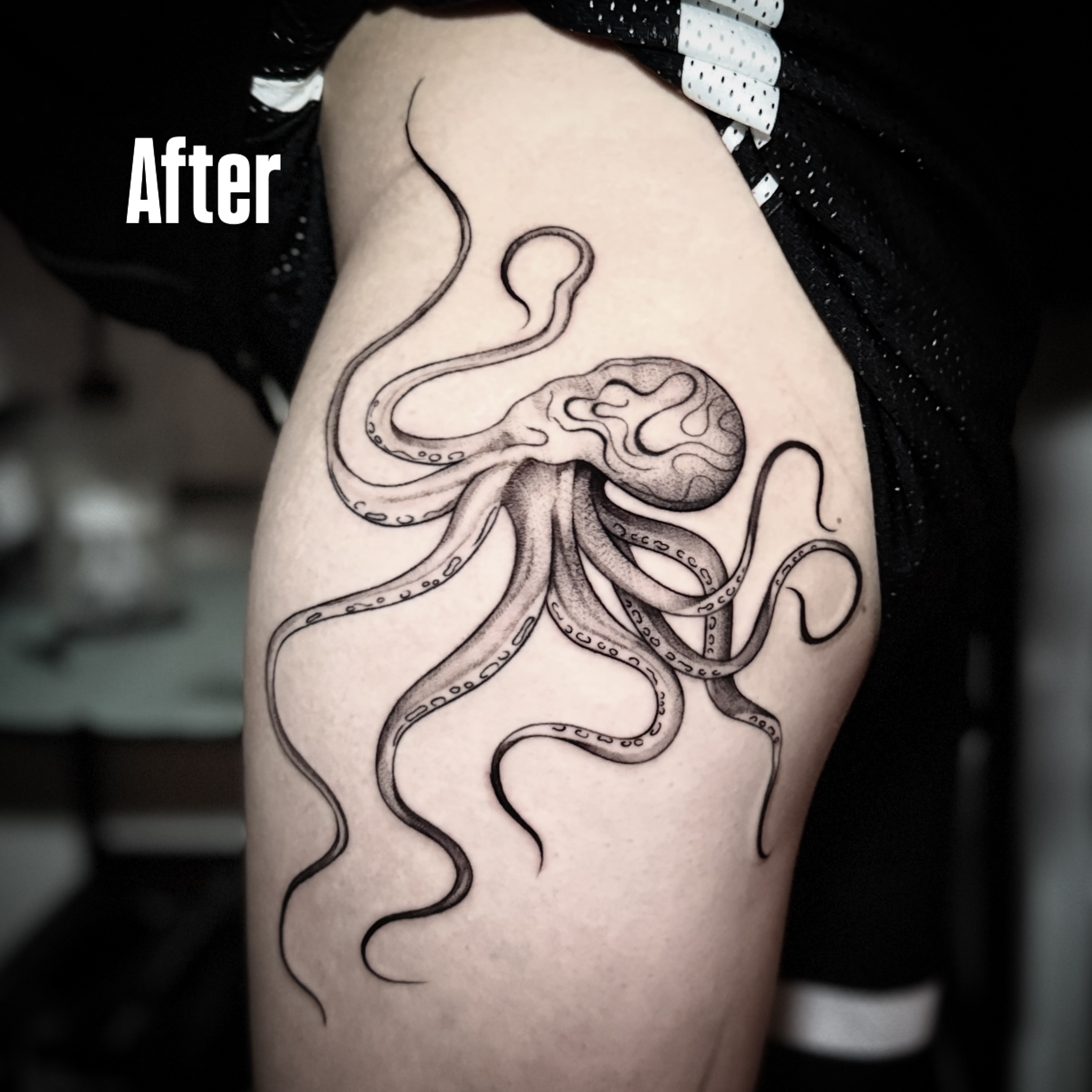 Octopus black and grey tattoo on the thigh by † Aileen † Chicago Tattoo Artist