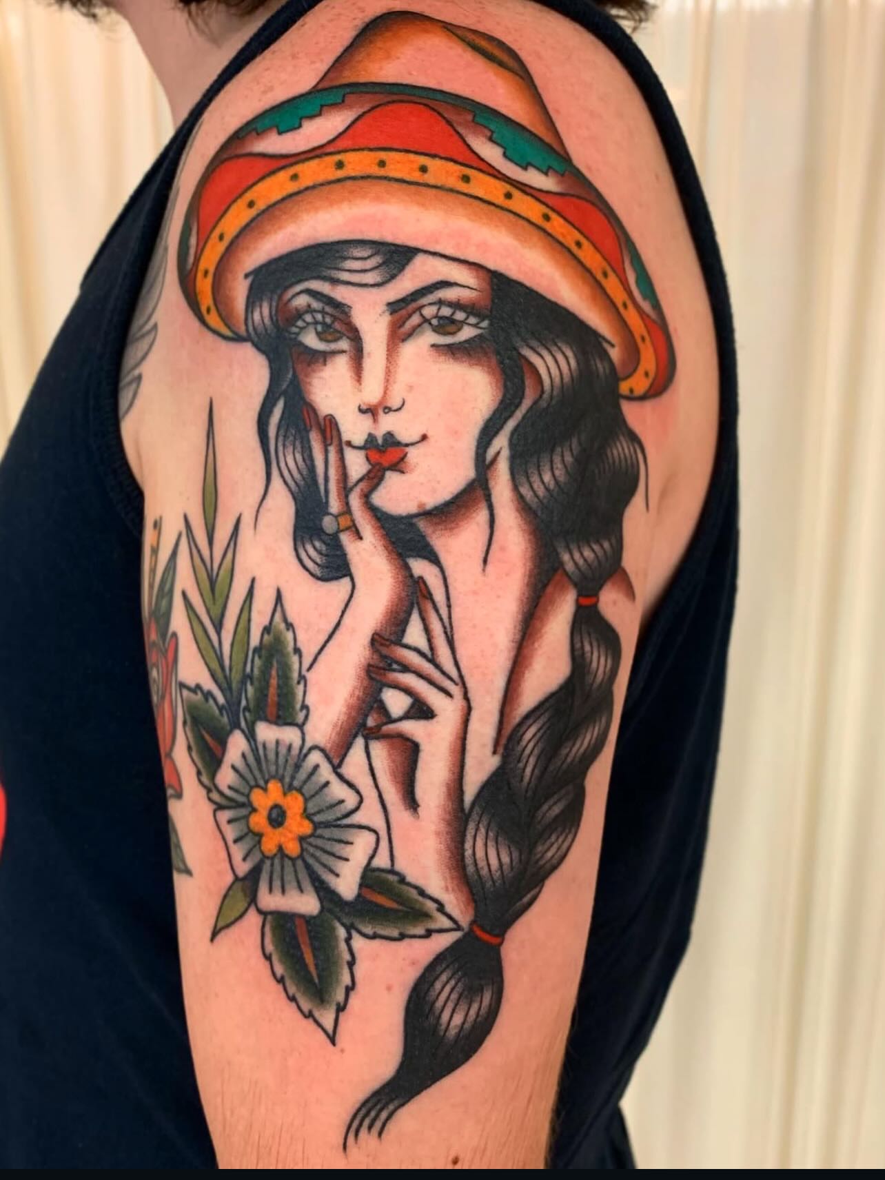 Flapper girl American traditional tattoo on the shoulder by Kelsey Lane