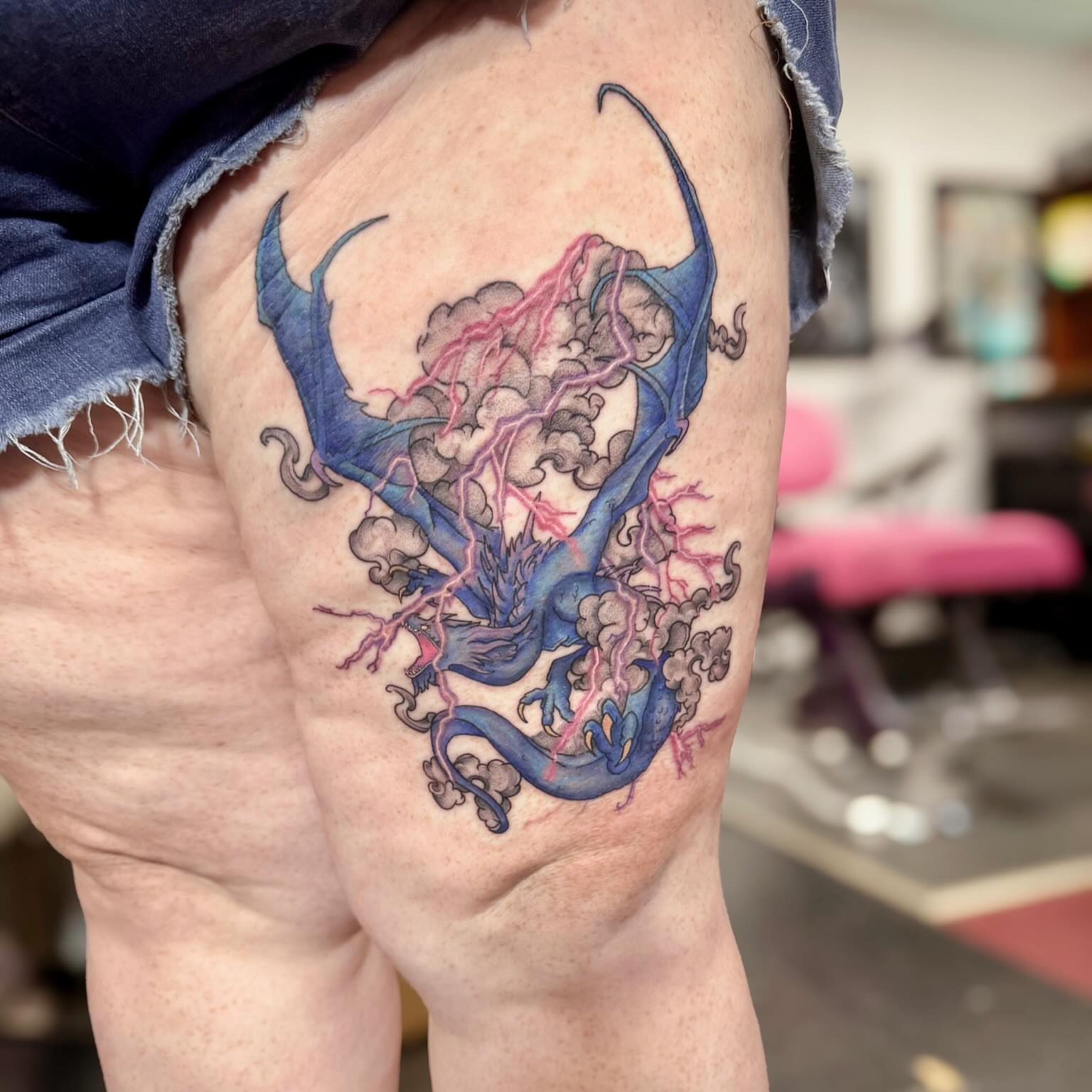 Dragon dotwork tattoo on the thigh by 🪬🍄Larissa Potter🍄🪬