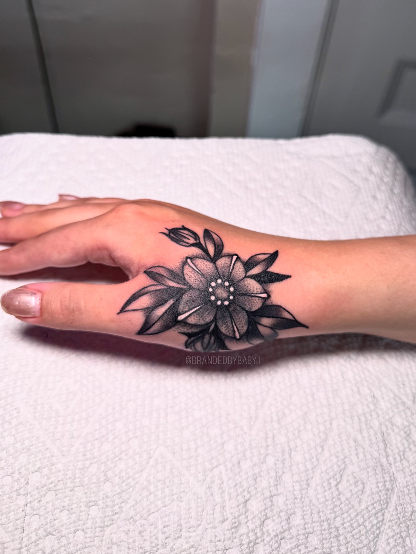 Lotus flower dotwork tattoo on the hand by 𝔹𝔸𝔹𝕐 𝕁 ♡, Cincinnati, Ohio