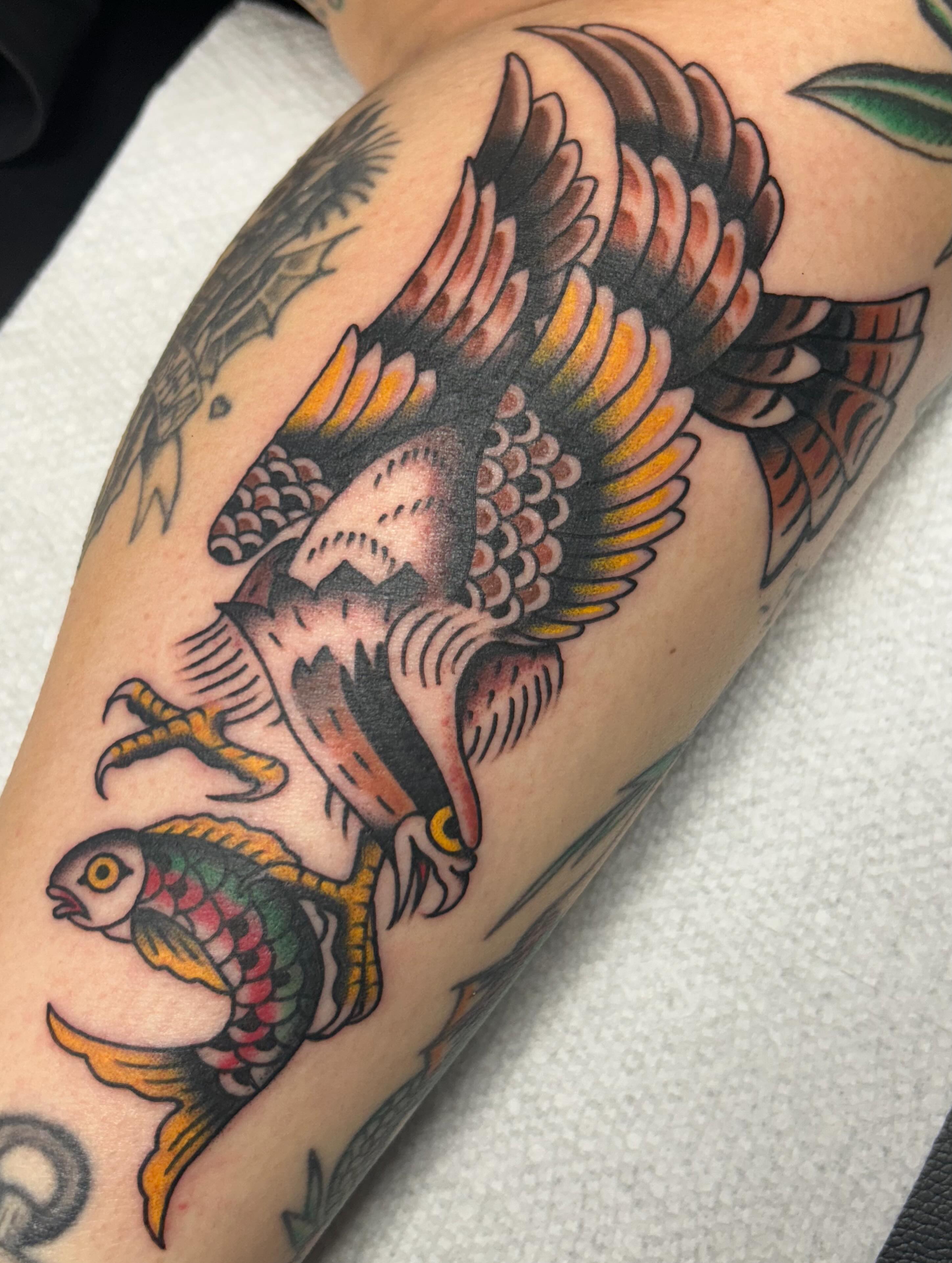 Hawk and fish American traditional tattoo on the forearm by Tiffany Vargas