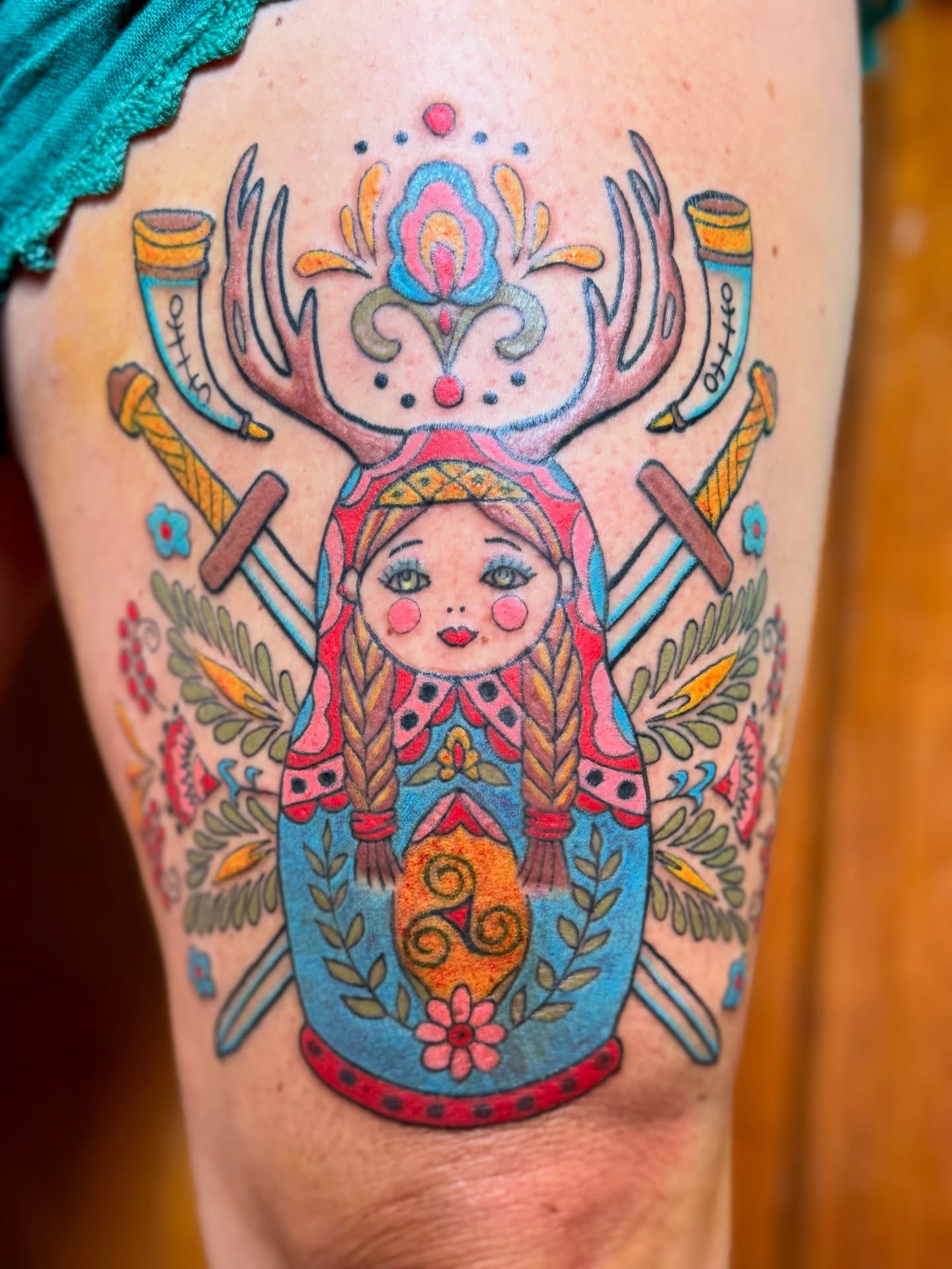 Matryoshka doll American traditional tattoo on the thigh by Bronzino Ink - Karen, Asheville, North Carolina