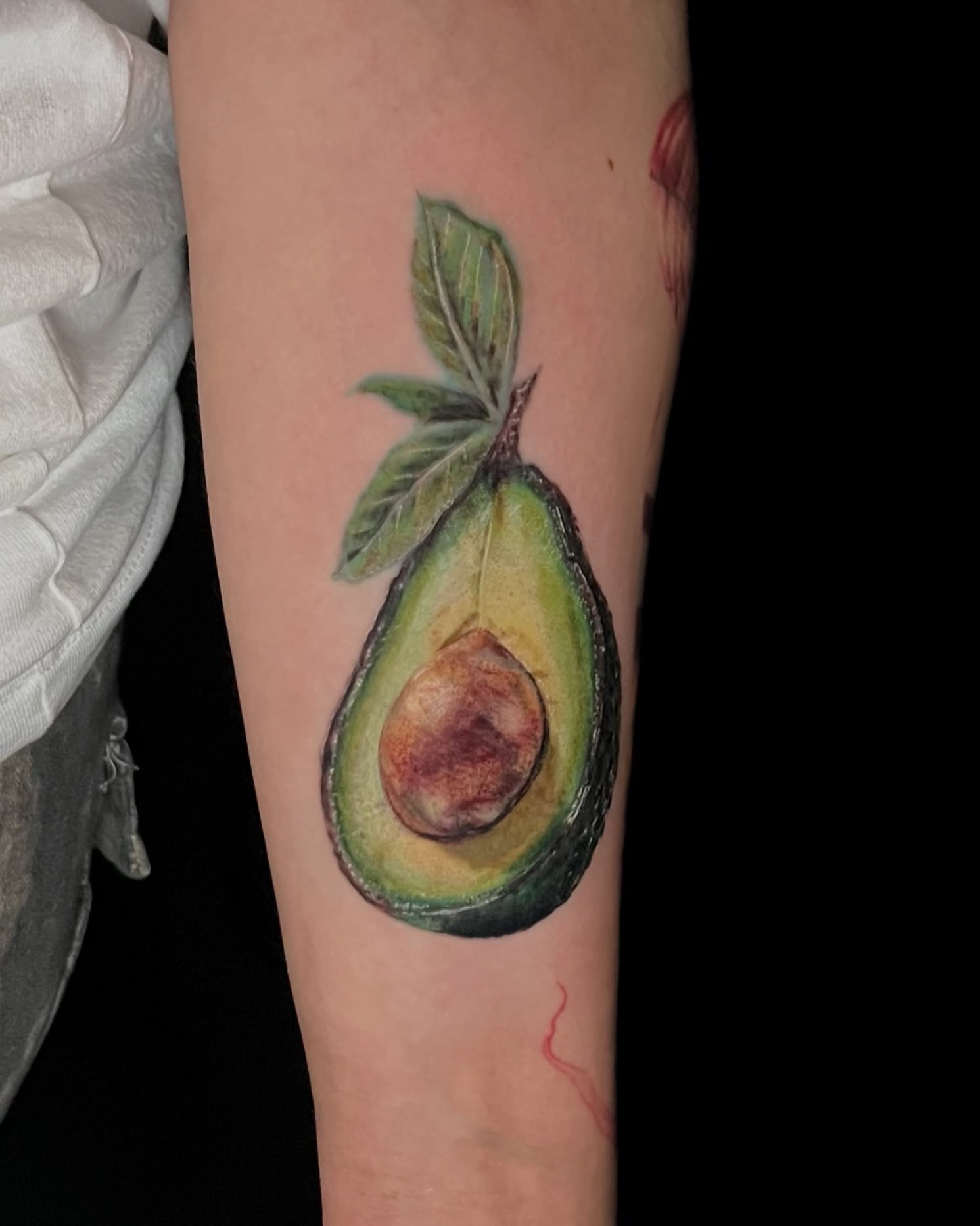Avocado realism tattoo on the forearm by EO, Chicago, Illinois