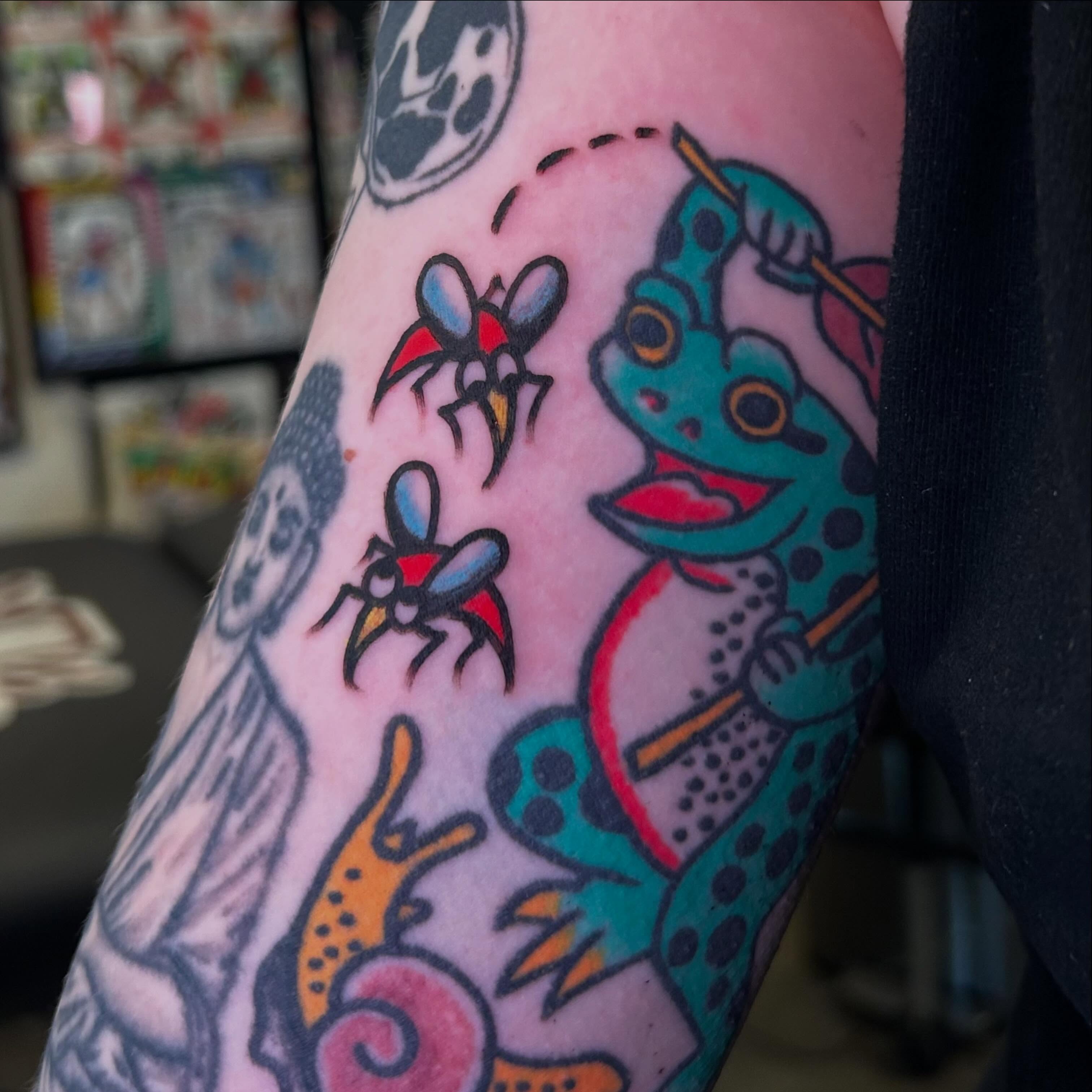 Frog and insects American traditional tattoo on the forearm by Sanjuanita