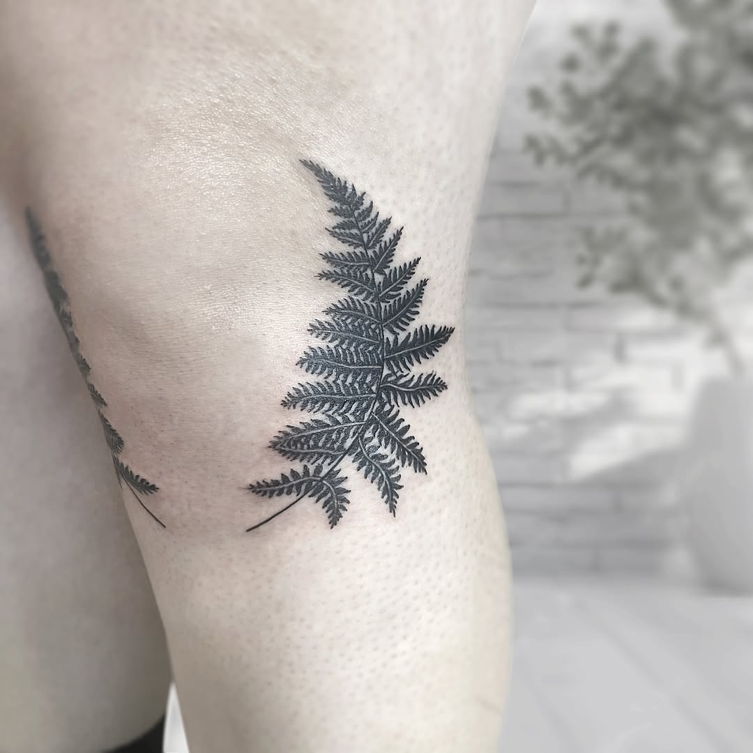 Fern black and grey tattoo on the thigh by R o s e