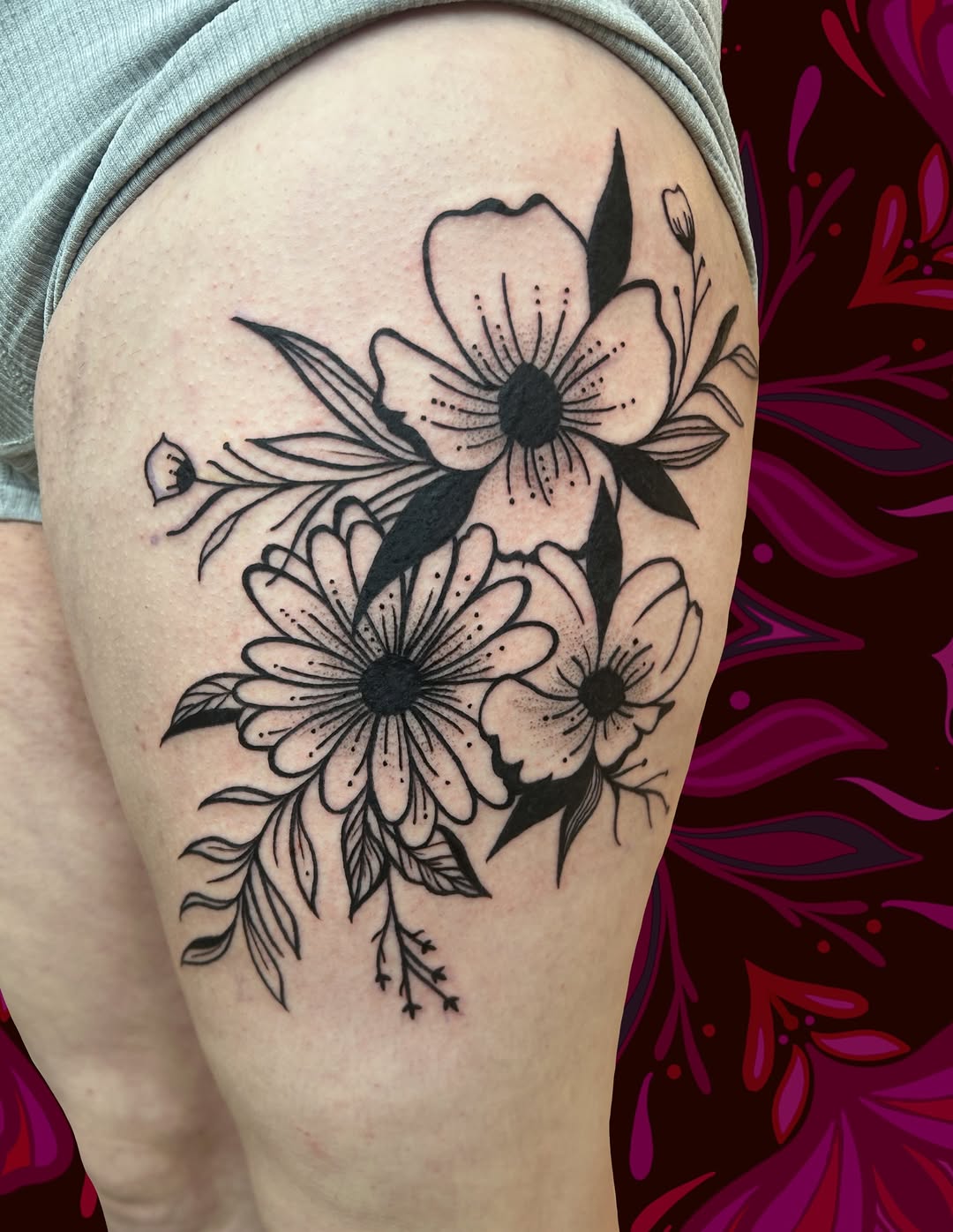 Floral arrangement fine line tattoo on the thigh by ❆ minneapolis tattoo artist ❆