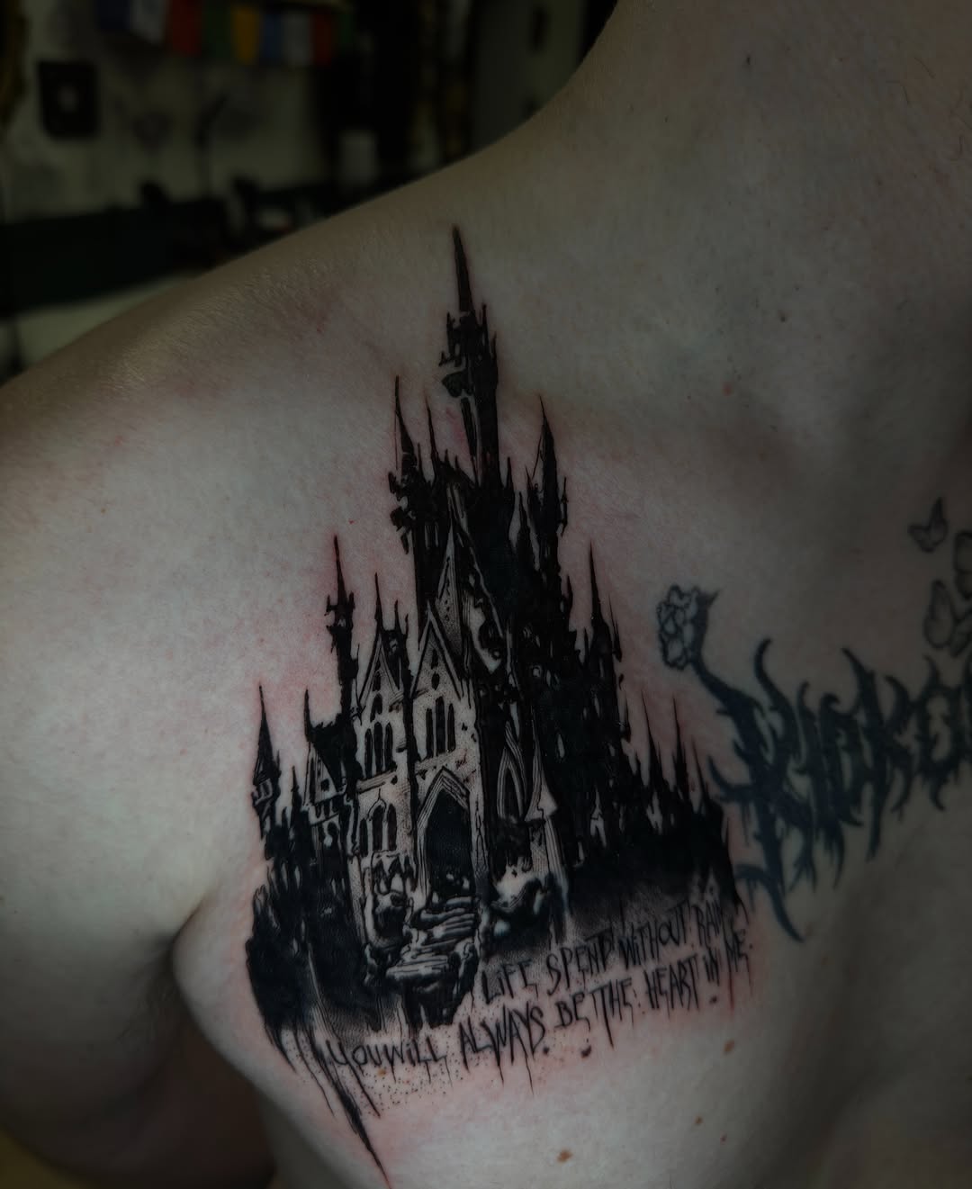 Gothic castle with lettering dark art tattoo on the chest by 🌙Jose Maldonado🌙